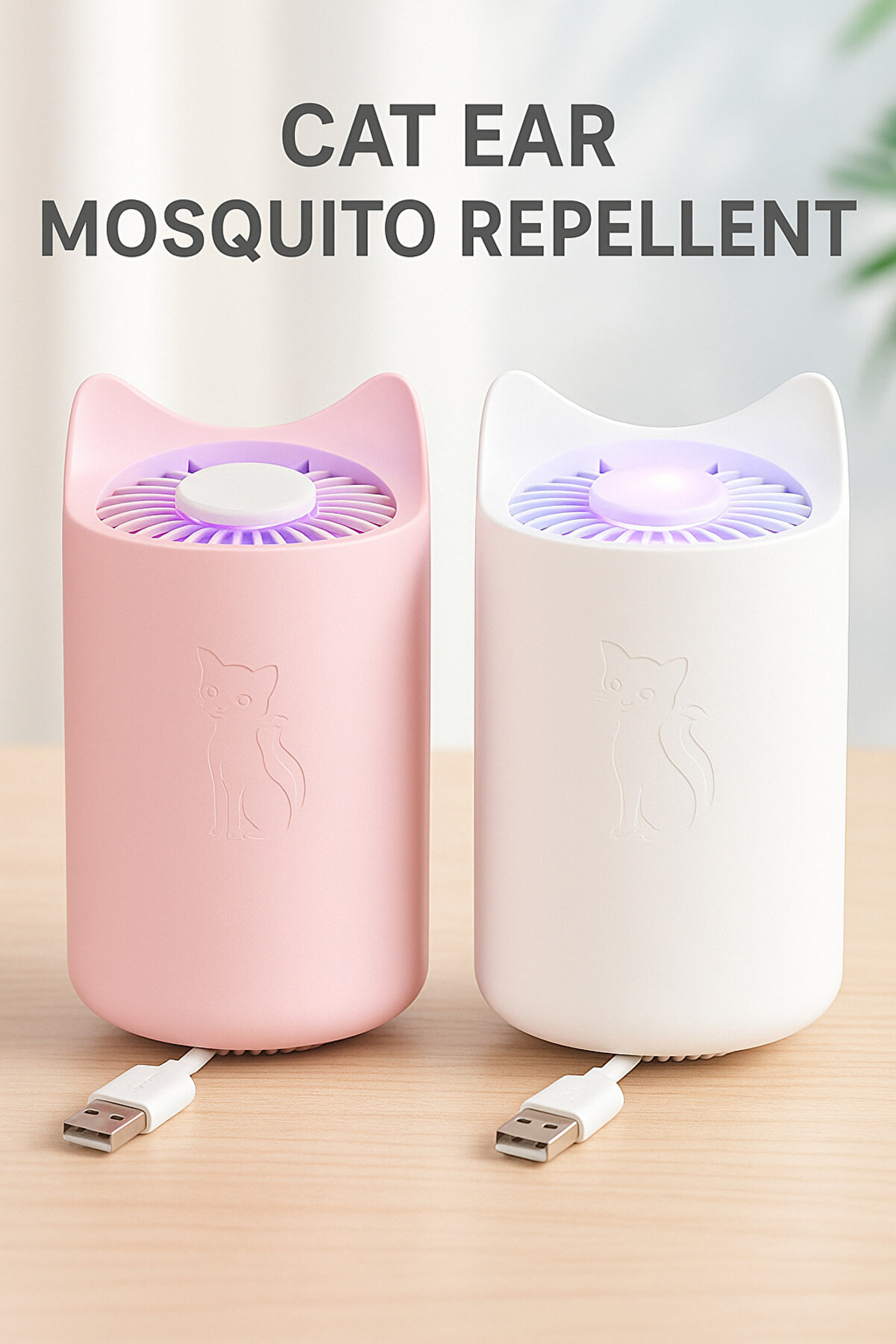 TRENDMEN Kedi Kulak Tasarımlı USB Sessiz Sinek Kovucu Cihaz – LED Işıklı Elektrikli Sivrisinek Öldürücü