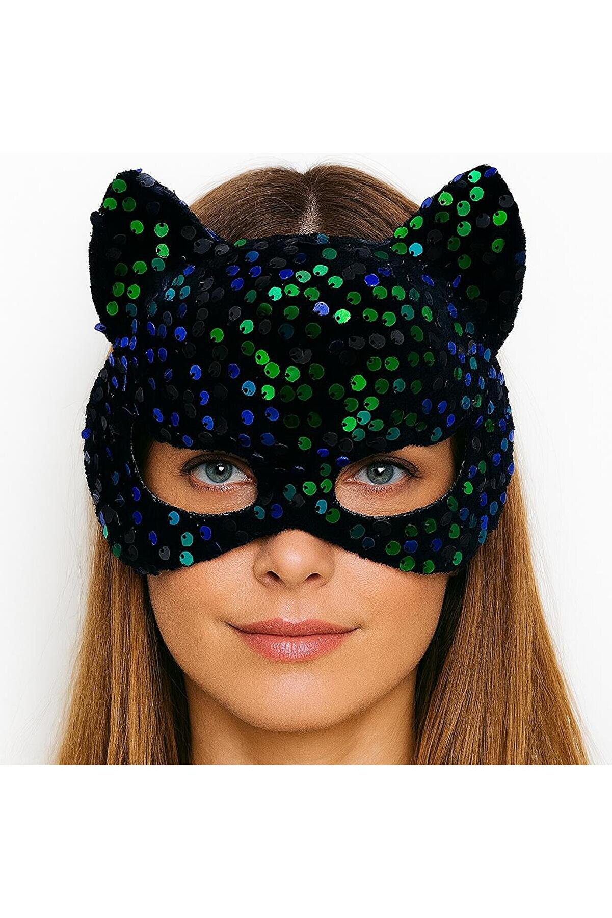 Ethab Ti̇caret Si̇yah Kadi̇fe Kumaş &Uuml;zeri̇ne Mavi̇ Yeşi̇l Payetli̇ Pullu Parti̇ Maskesi̇ 16X14 Cm