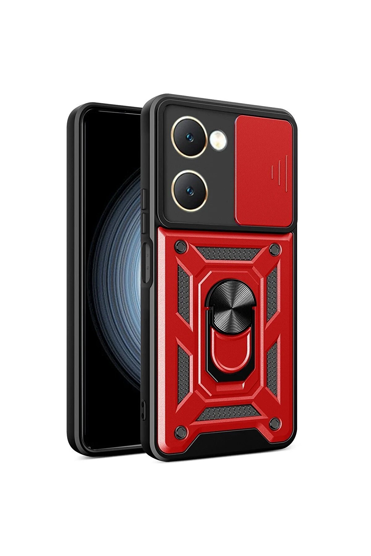 CepteToptan Vivo Y18 Kılıf Pars Lens Yüzüklü Silikon - Kırmızı - DROPX2569-8599