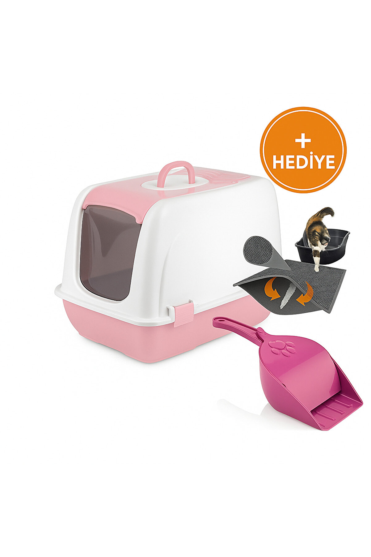 TRENDMEN Kapalı Kedi Tuvaleti – Pembe Beyaz, Kapaklı, Koku Önleyici, Taşınabilir