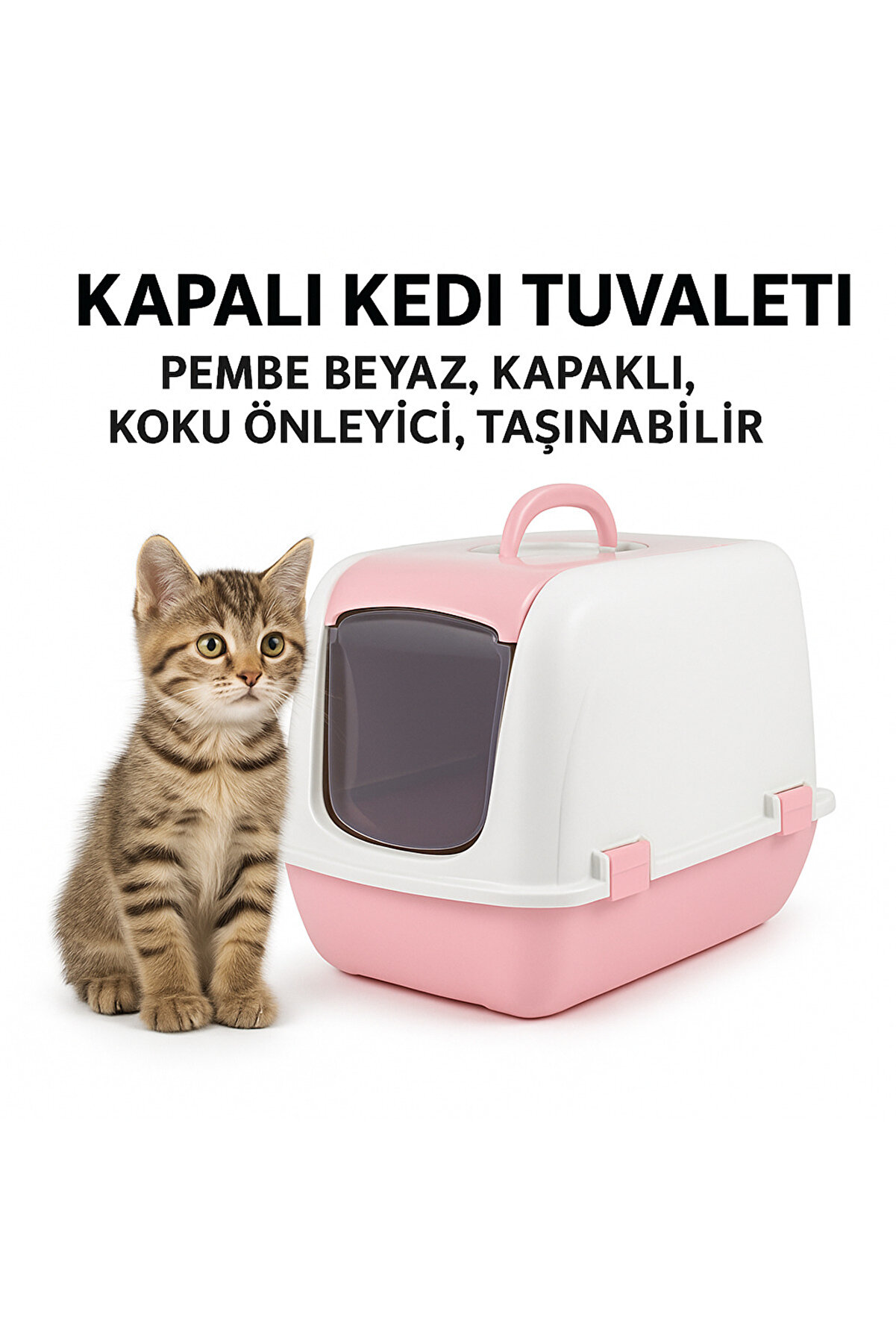 Kapalı Kedi̇ Tuvaleti̇ – Pembe Beyaz, Kapaklı, Koku Önleyi̇ci̇, Taşınabi̇li̇r
