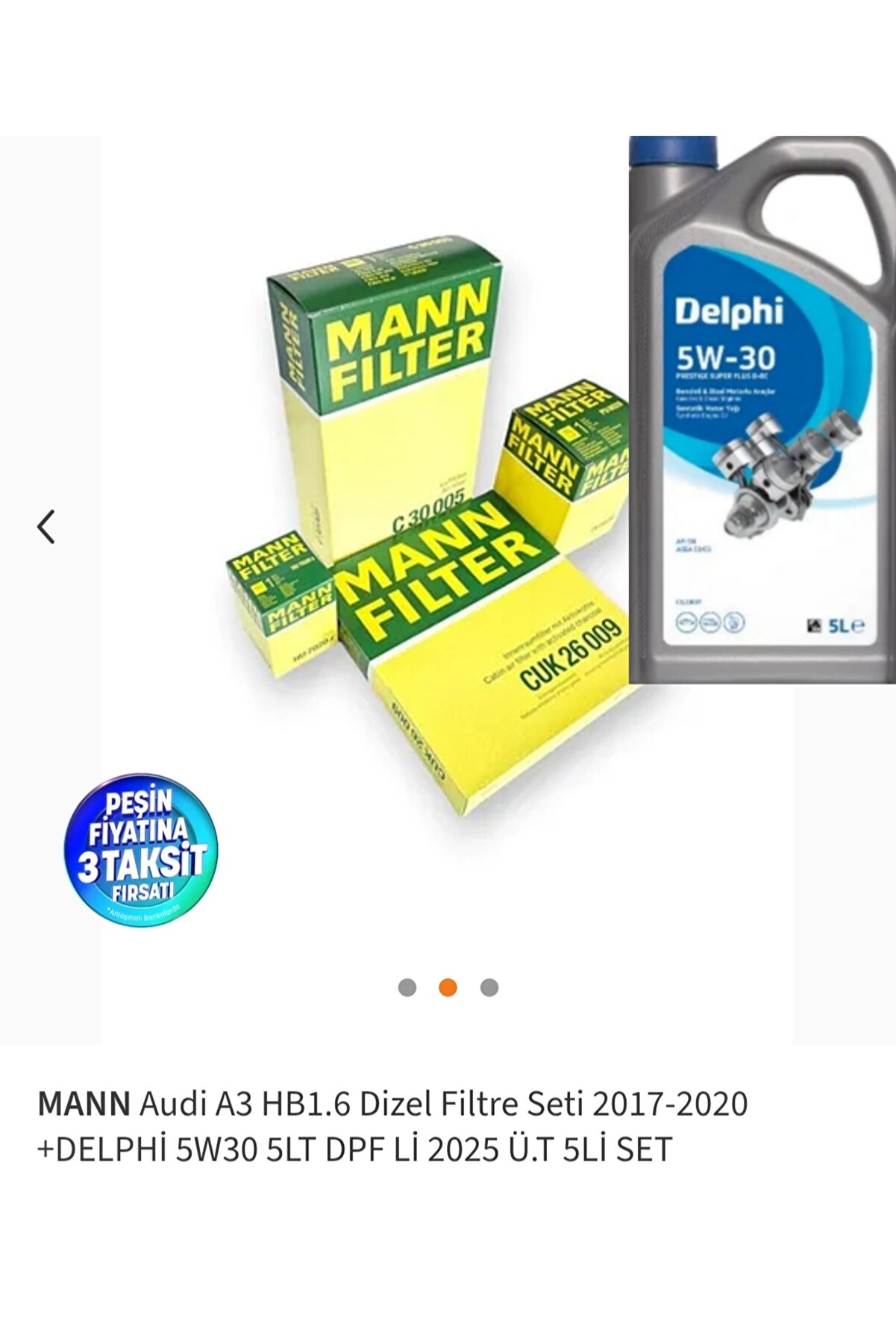 MANN Audi A3 HB1.6 Dizel Filtre Seti 2017-2020 +DELPHİ 5W30 5LT DPF Lİ 2025 Ü.T 5Lİ SET