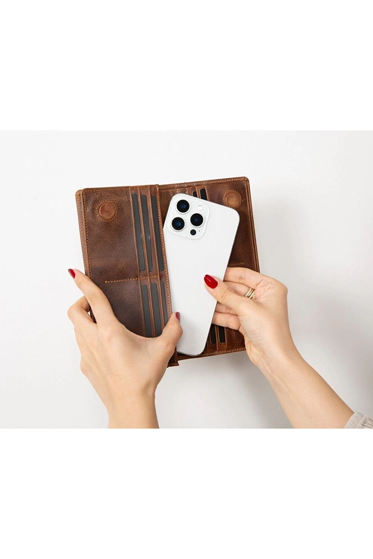 Aura Haki̇ki̇ Deri̇, El Yapımı, Telefon Bölmeli̇, Kadın Cüzdanı, Anti̇k Kahve