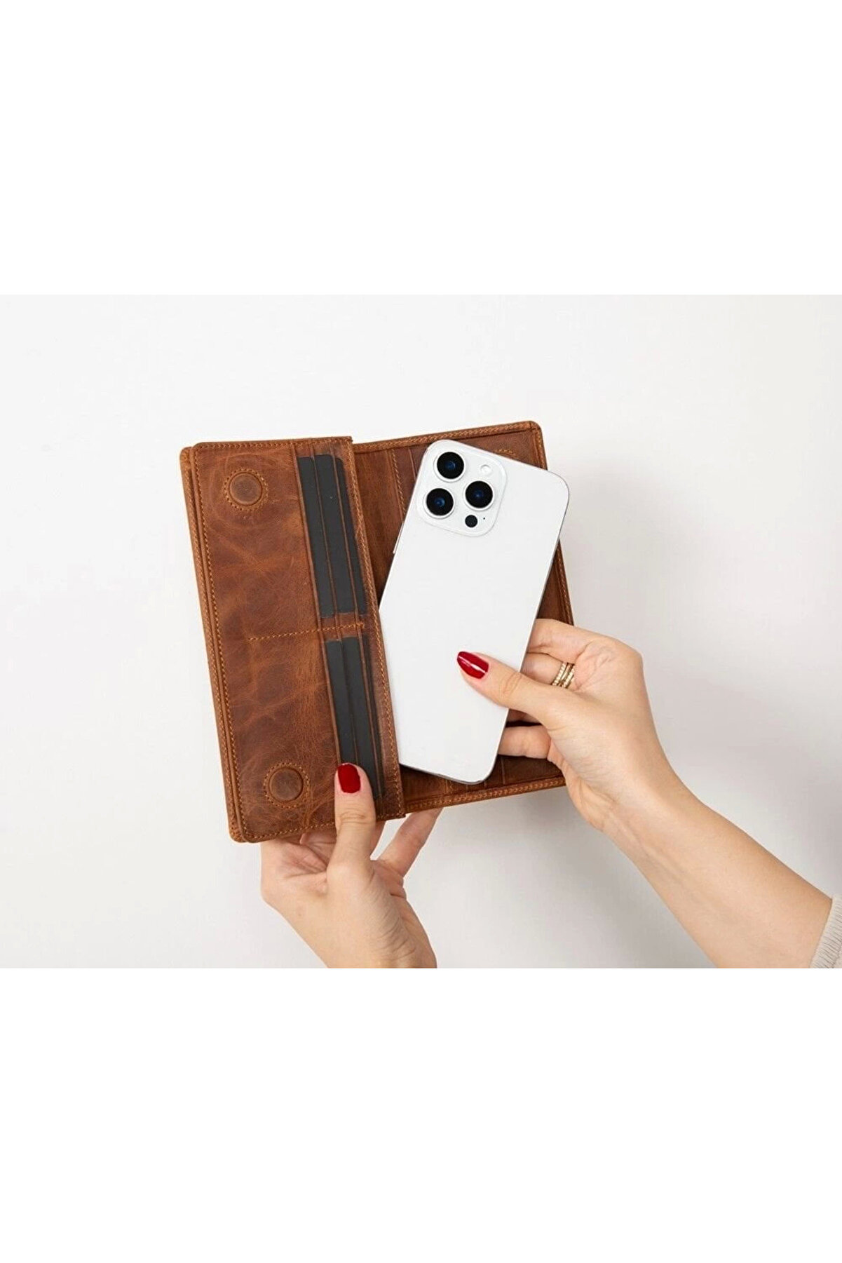 Aura Haki̇ki̇ Deri̇, El Yapımı, Telefon Bölmeli̇, Kadın Cüzdanı, Açık Kahve