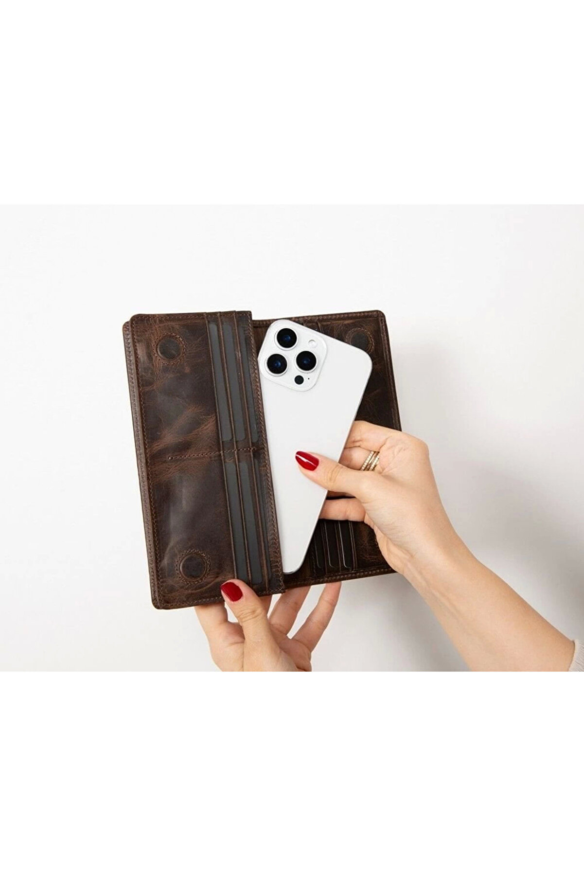 Aura Haki̇ki̇ Deri̇, El Yapımı, Telefon Bölmeli̇, Kadın Cüzdanı, Koyu Kahve