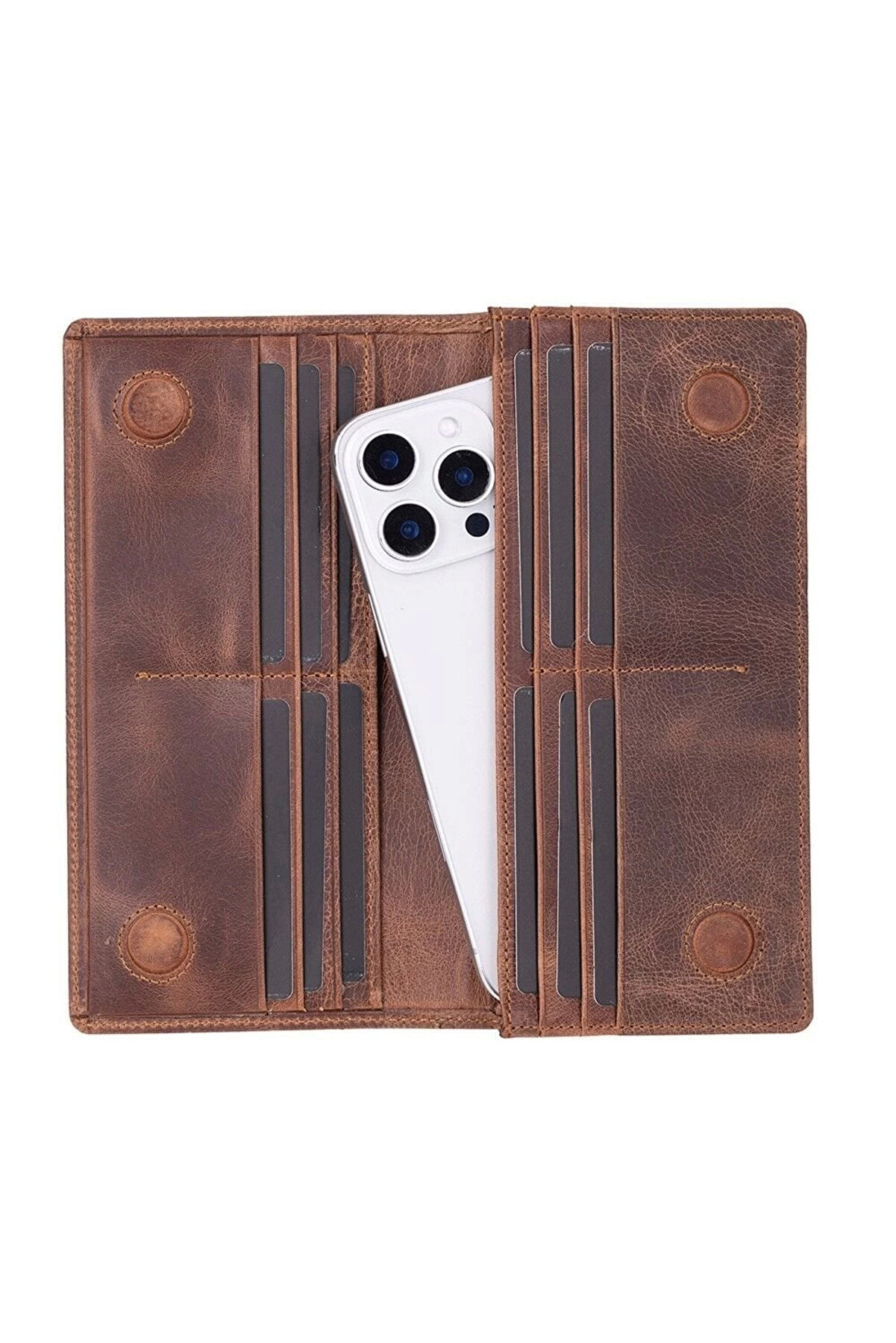 Aura Haki̇ki̇ Deri̇, El Yapımı, Telefon Bölmeli̇, Kadın Cüzdanı, Anti̇k Kahve