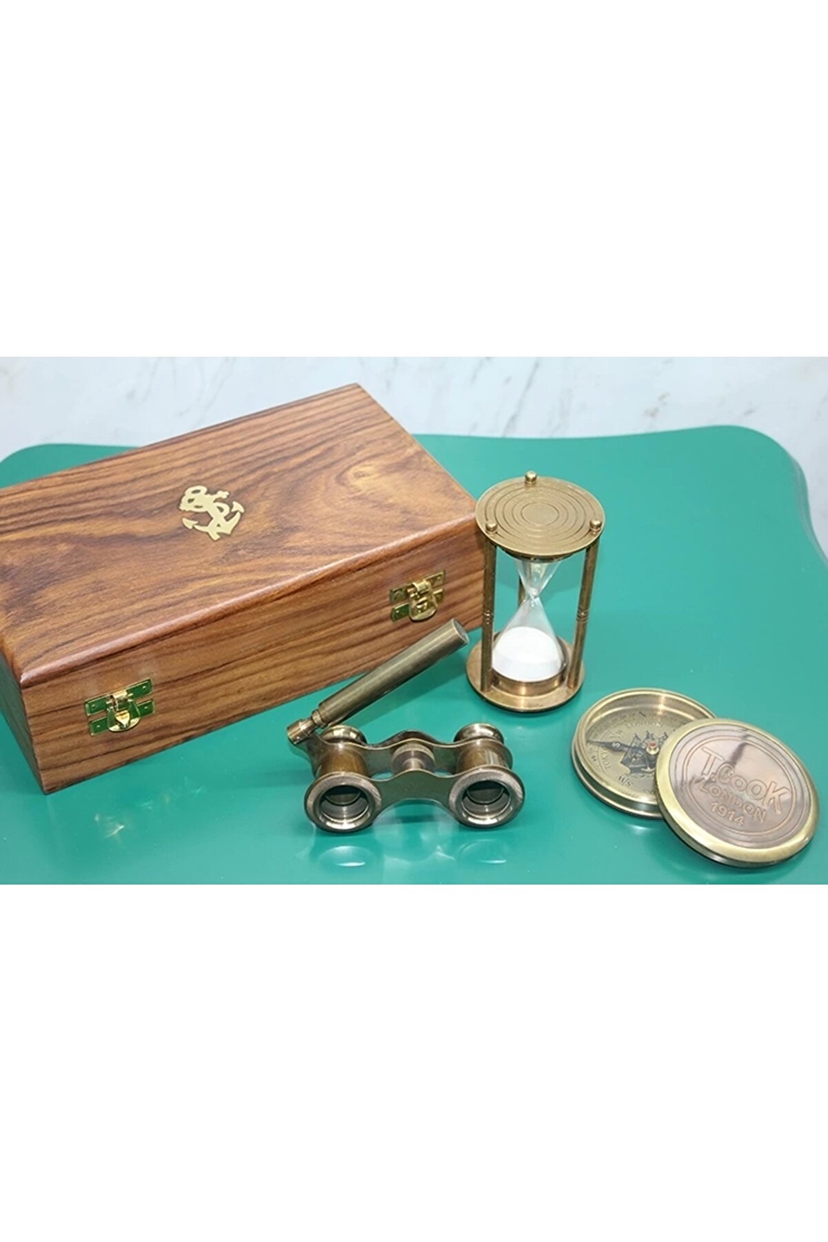 hayal oyuncak atölyesi Ahşap Kutulu Pirinç Pusula, Kum Saati, Dürbün Seti