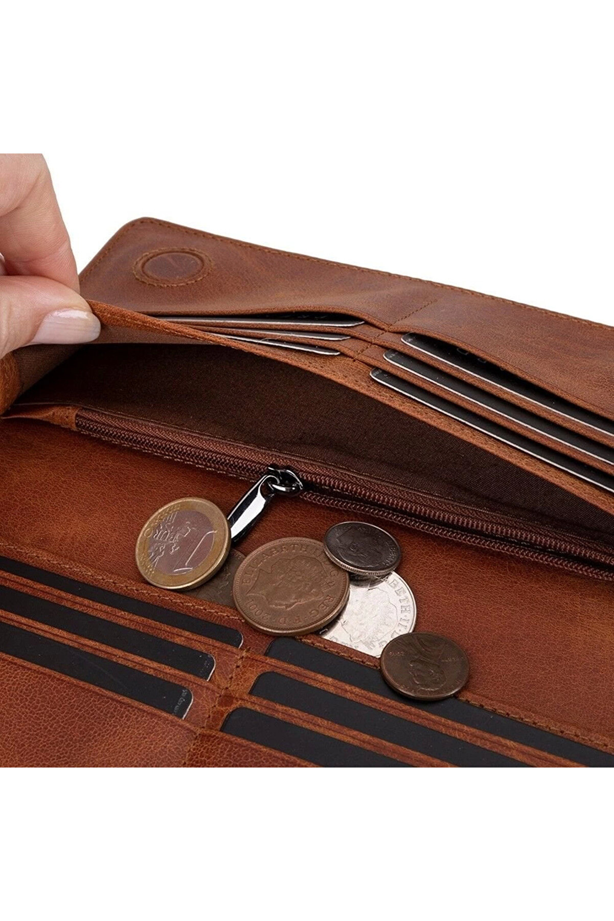 Aura Haki̇ki̇ Deri̇, El Yapımı, Telefon Bölmeli̇, Kadın Cüzdanı, Açık Kahve