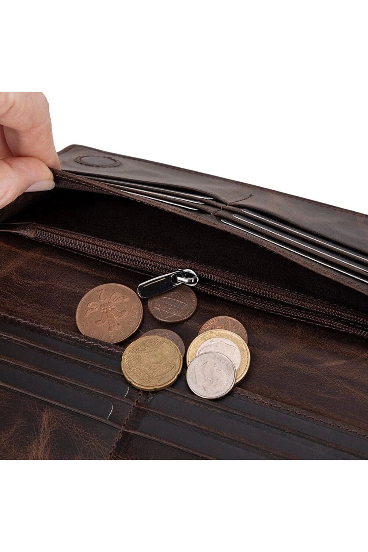 Aura Haki̇ki̇ Deri̇, El Yapımı, Telefon Bölmeli̇, Kadın Cüzdanı, Koyu Kahve