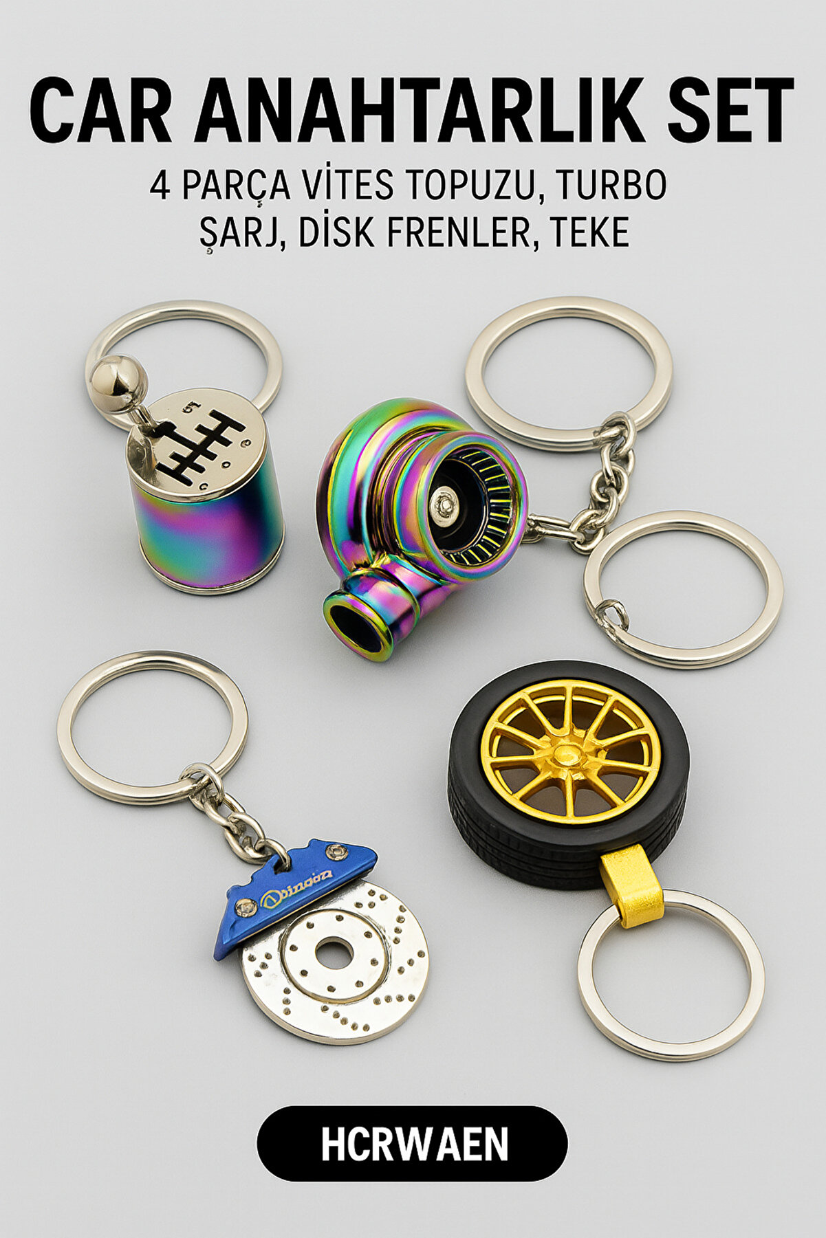 Otomobi̇l Temalı Metal 4’Lü Oto Anahtarlık Seti̇ Vi̇tes Topuzu,Turbodi̇sk Fren,Spor Jant Hedi̇yeli̇k Eşya