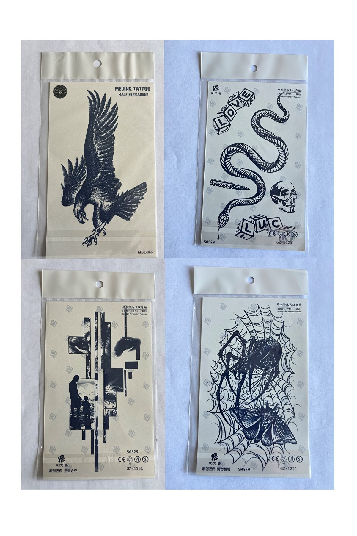 Ai̇rbrush Tattoo Kartal Yılan 4 Adet Bi̇rden 3 Hafta Kalıcı Geçi̇ci̇ Yapıştırma Dövme 18X11 Cm