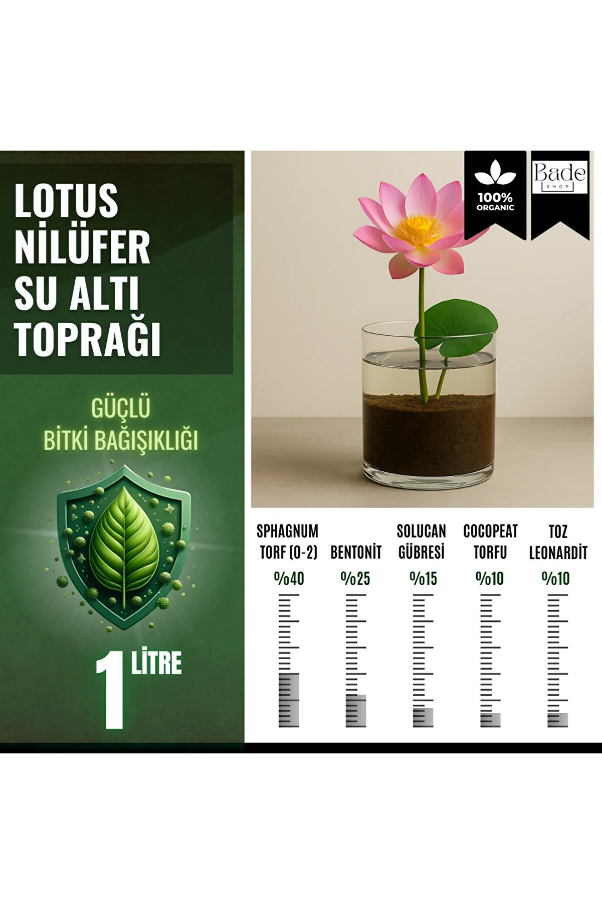 Bade Shop Lotus Çiçeği (Nilüfer) Su Altı Torf Karışımı Toprağı (1 LT Toprak) - 1 adet lotus tohumu hediyeli