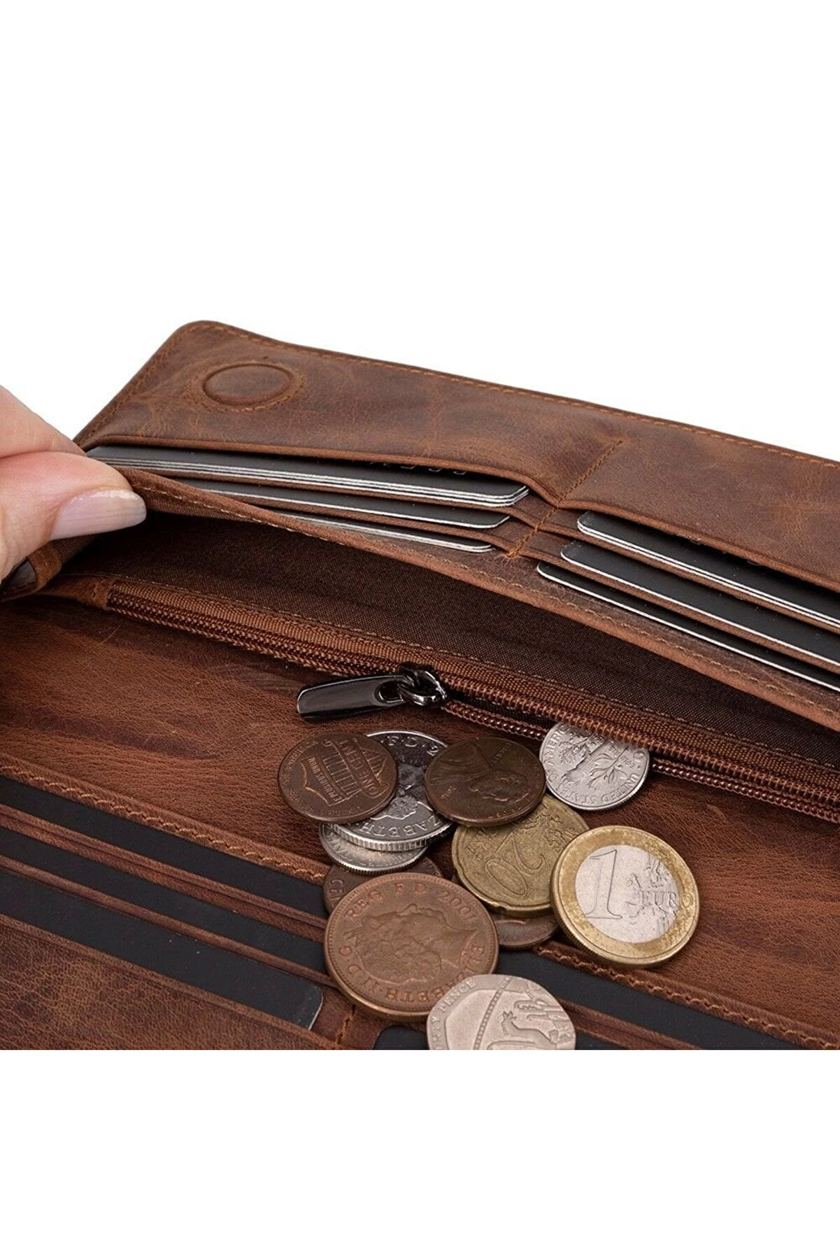 Aura Haki̇ki̇ Deri̇, El Yapımı, Telefon Bölmeli̇, Kadın Cüzdanı, Anti̇k Kahve