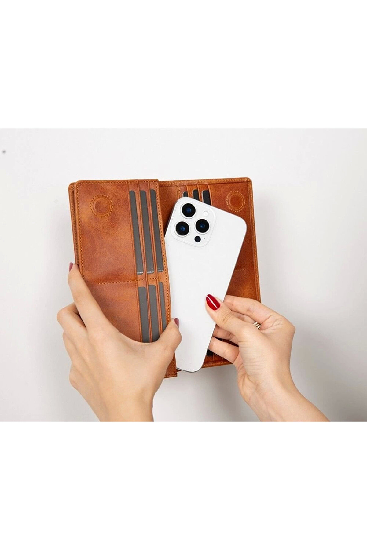 Aura Haki̇ki̇ Deri̇, El Yapımı, Telefon Bölmeli̇, Kadın Cüzdanı, Karamel