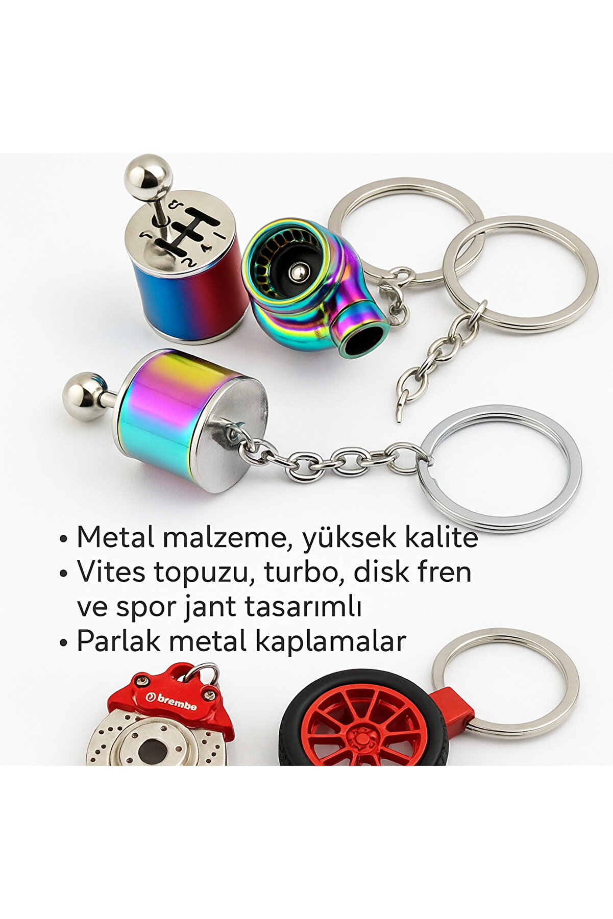 Otomobi̇l Temalı Metal 4’Lü Oto Anahtarlık Seti̇ Vi̇tes Topuzu,Turbodi̇sk Fren,Spor Jant Hedi̇yeli̇k Eşya