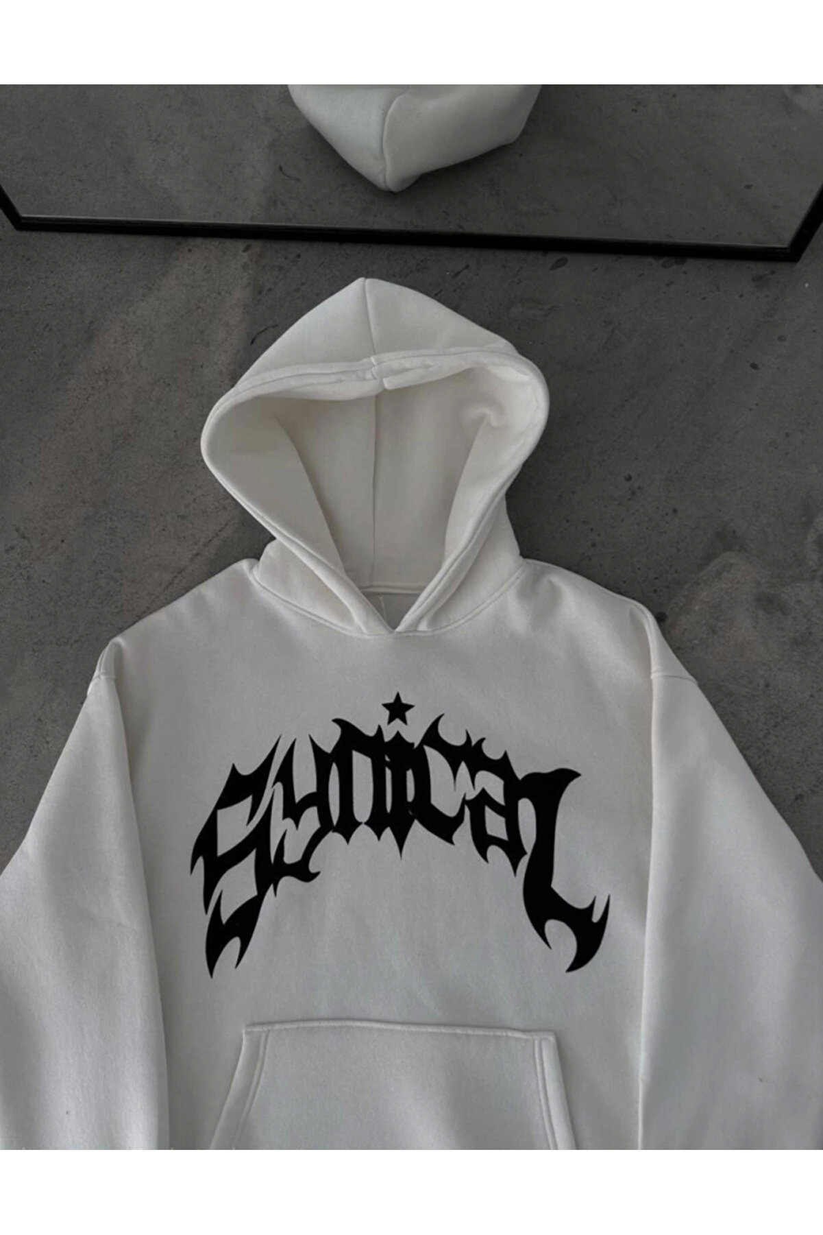 modamtn Üç İplik Kapşonlu Baskılı Oversize SweatShirt- Beyaz