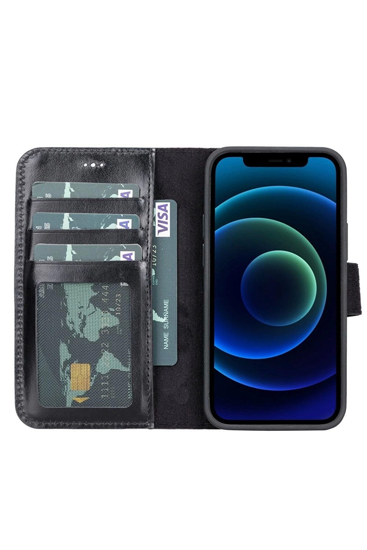 Apple İphone 13 Mi̇ni̇ Uyumlu Deri̇ C&uuml;zdanlı Kılıf Rst1 Si̇yah