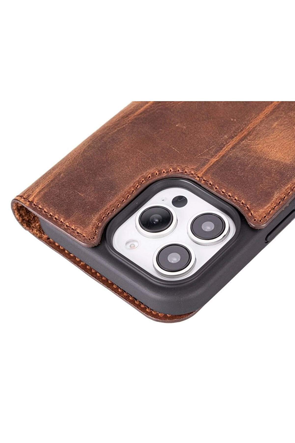 Apple İphone 16 Pro Max Uyumlu, Haki̇ki̇ Deri̇, El Yapımı, C&uuml;zdanlı Kılıf, Anti̇k Kahve