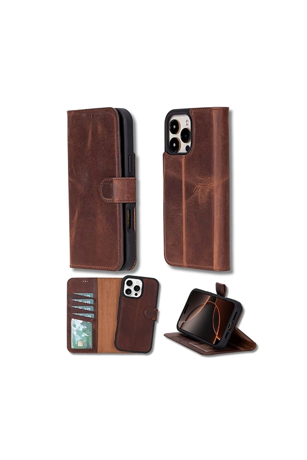 gizmurstore Apple iPhone 16 Pro Max uyumlu, Hakiki Deri, El Yapımı, C&uuml;zdanlı Kılıf, Antik Kahve