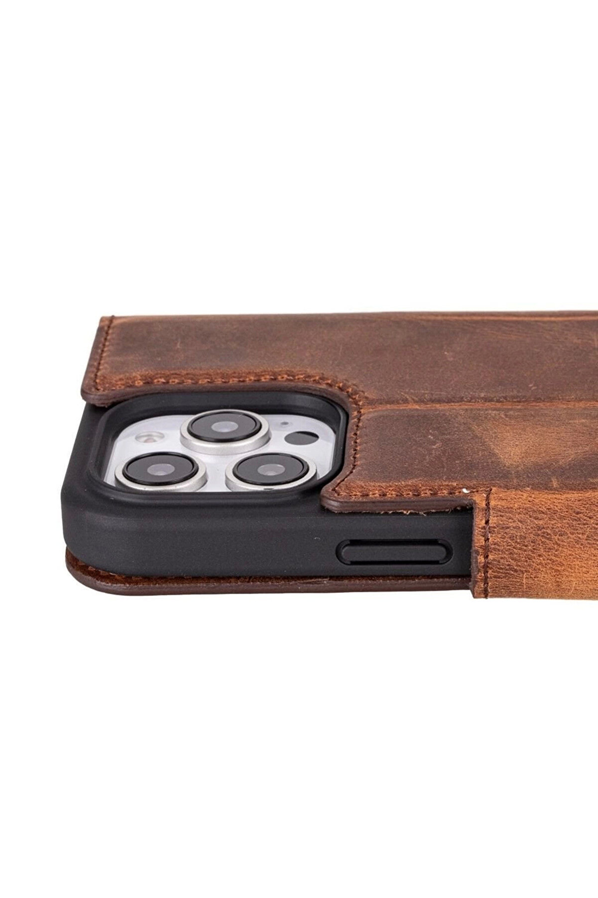 Apple İphone 16 Pro Max Uyumlu, Haki̇ki̇ Deri̇, El Yapımı, C&uuml;zdanlı Kılıf, Anti̇k Kahve