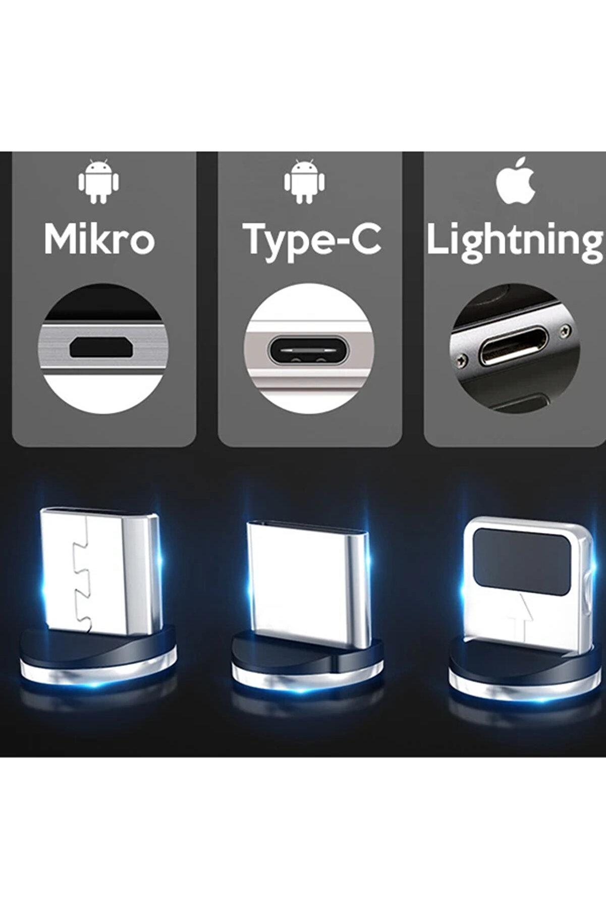 Ally 1M Magneti̇c-Mi̇knati̇sli̇ Usb Sarj Kablosu 3 Basli̇k(İphone+Type-C+Mi̇cro-(1903)