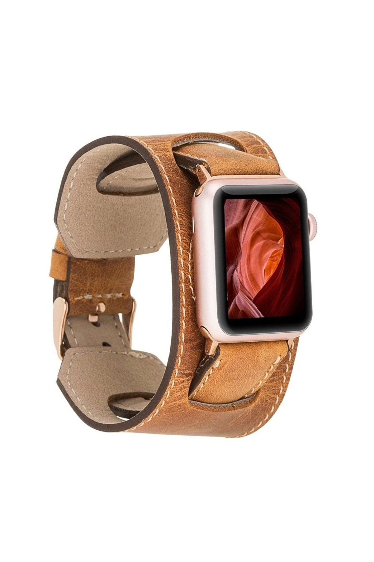 Apple Watch Uyumlu Deri̇ Kordon 42-44-45Mm Cuff G19 Taba