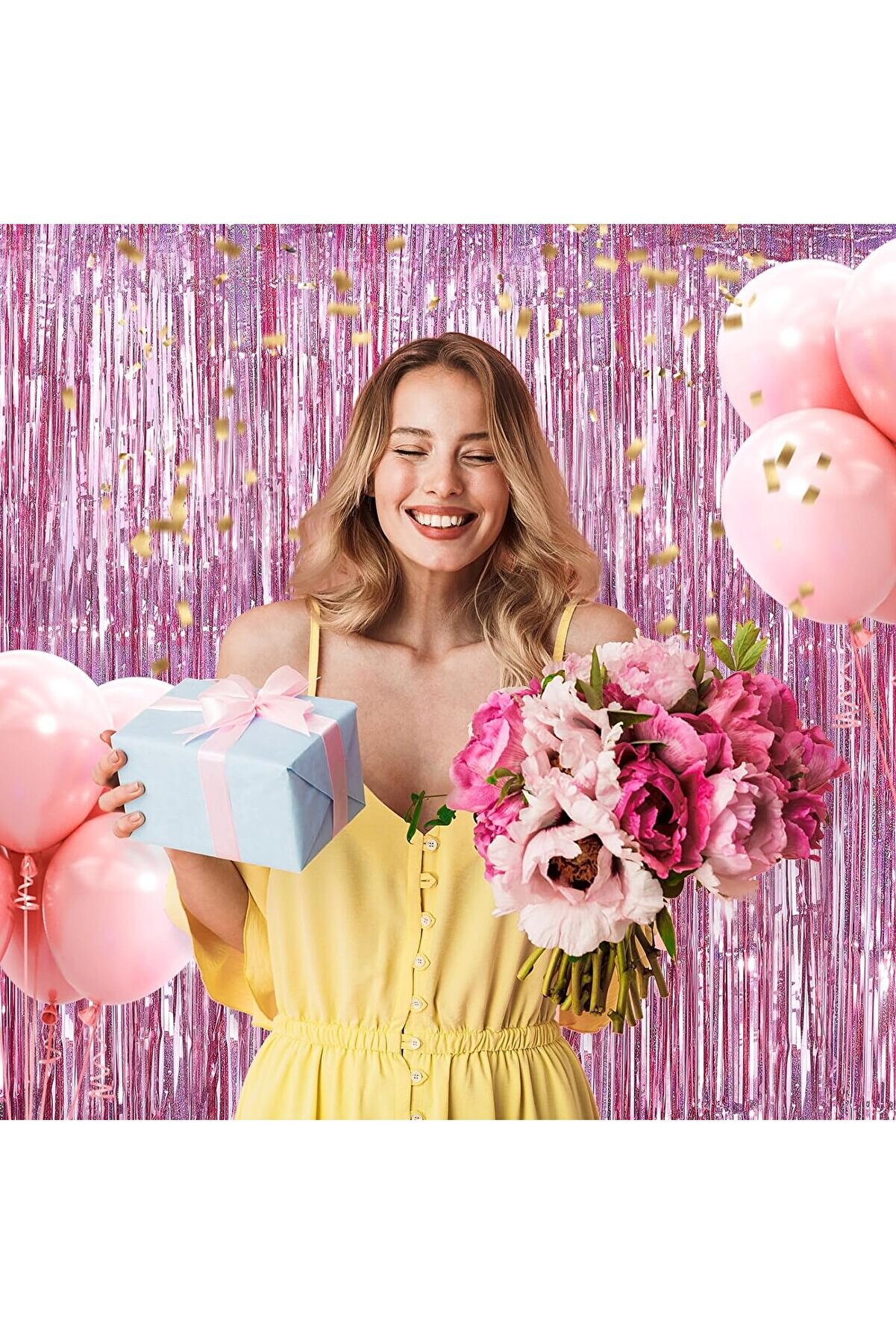 Ethab Ti̇caret Ekstra Metali̇ze Parlak Sa&ccedil;aklı Arka Fon Perde Rose Gold