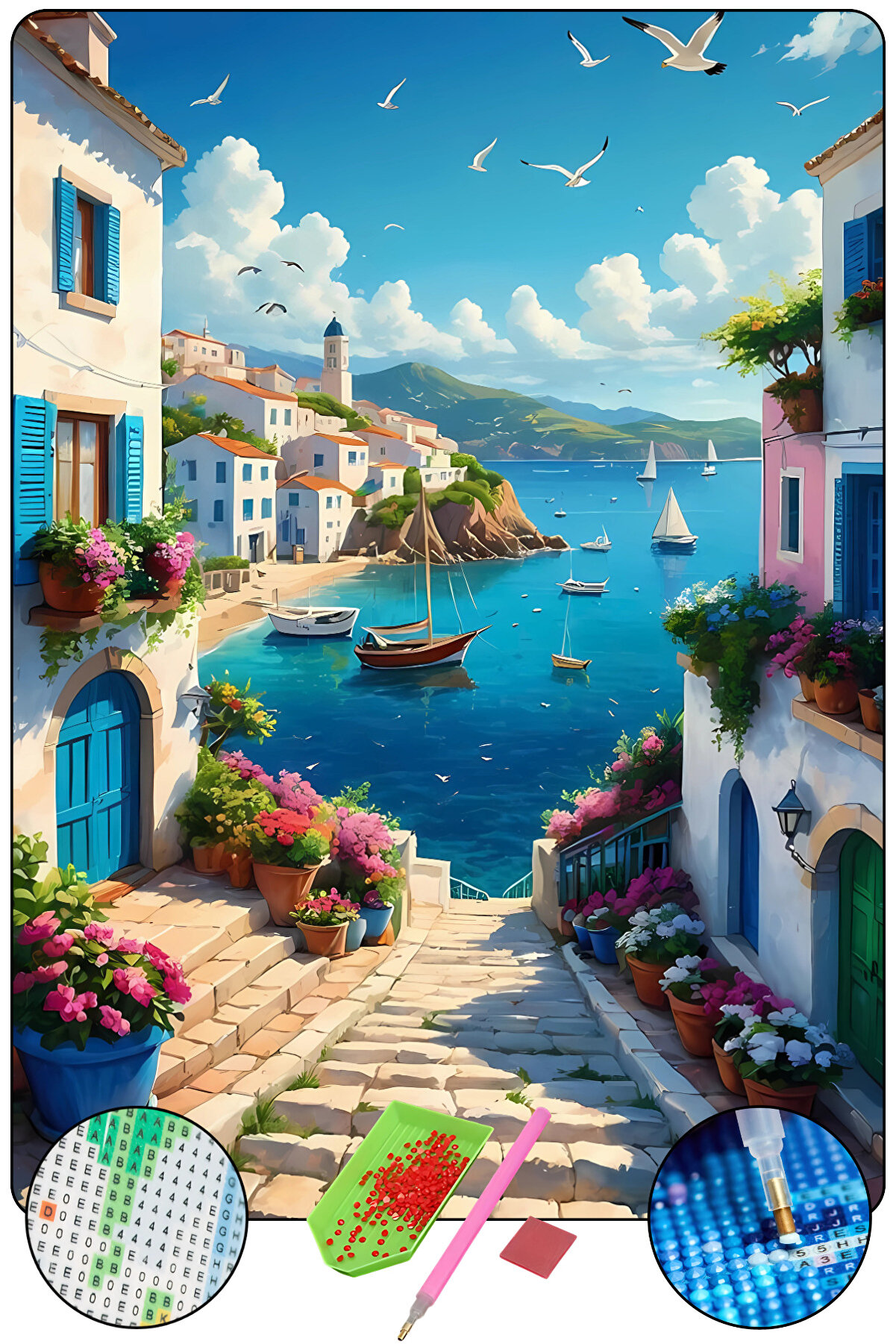 Hondep 5D Elmas Boyama – Akdeni̇z Sahi̇l Kasabası | 40X50 Cm Tuvale Geri̇li̇ Premi̇um Dıy Hobi̇ Seti̇