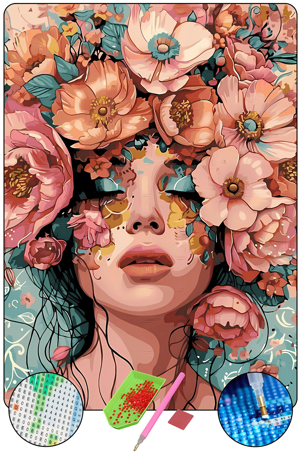 Hondep 5D Elmas Boyama Seti̇ – Rengarenk Çi̇çekli̇ Kadın Portresi̇ | 40X50Cm - Tuvale Geri̇li̇ Di̇amond Pai̇nti̇ng