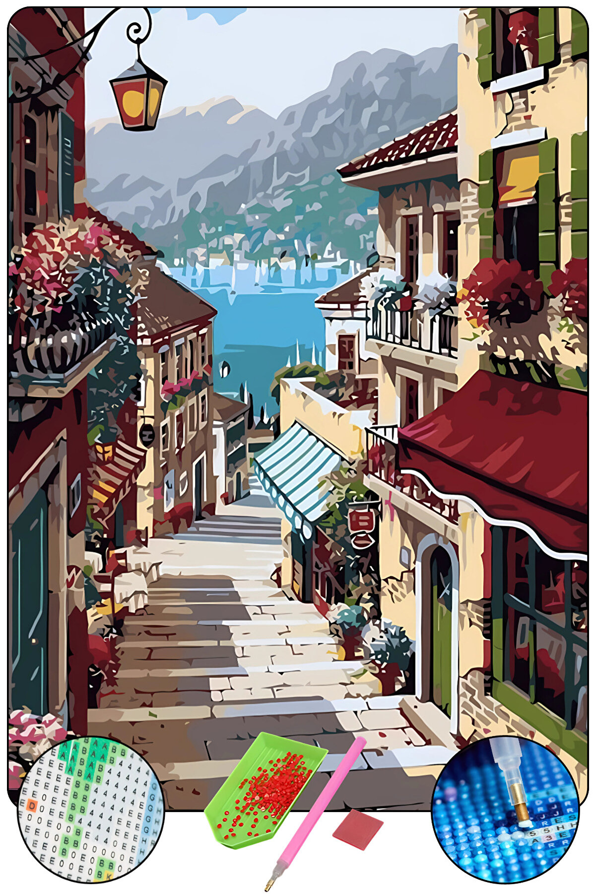 Hondep 5D Elmas Boyama Seti̇ – Taş Sokak Ve Deni̇z Manzarası | 40X50 Cm- Tuvale Geri̇li̇ Di̇amond Pai̇nti̇ng