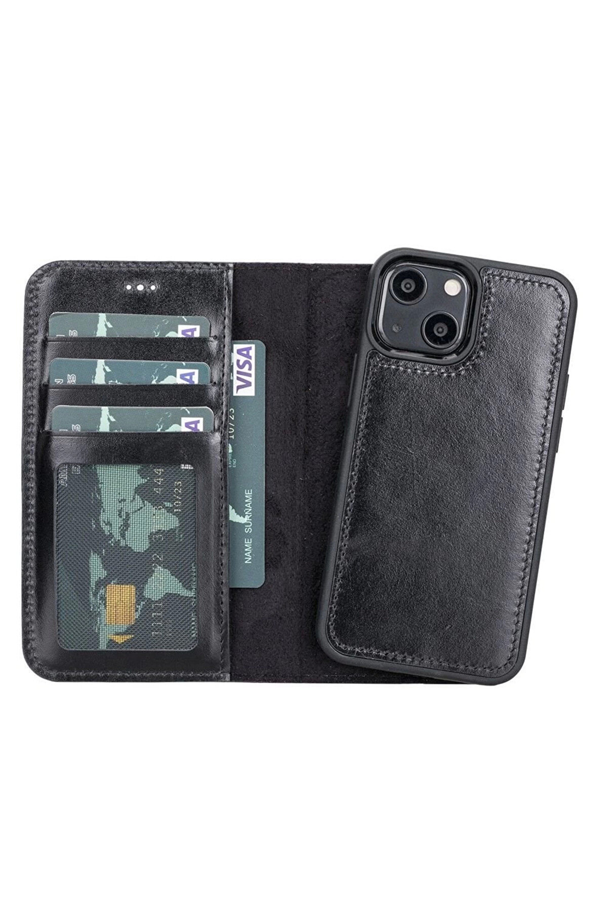 gizmurstore Apple iPhone 13 Mini Uyumlu Deri C&uuml;zdanlı Kılıf RST1 Siyah