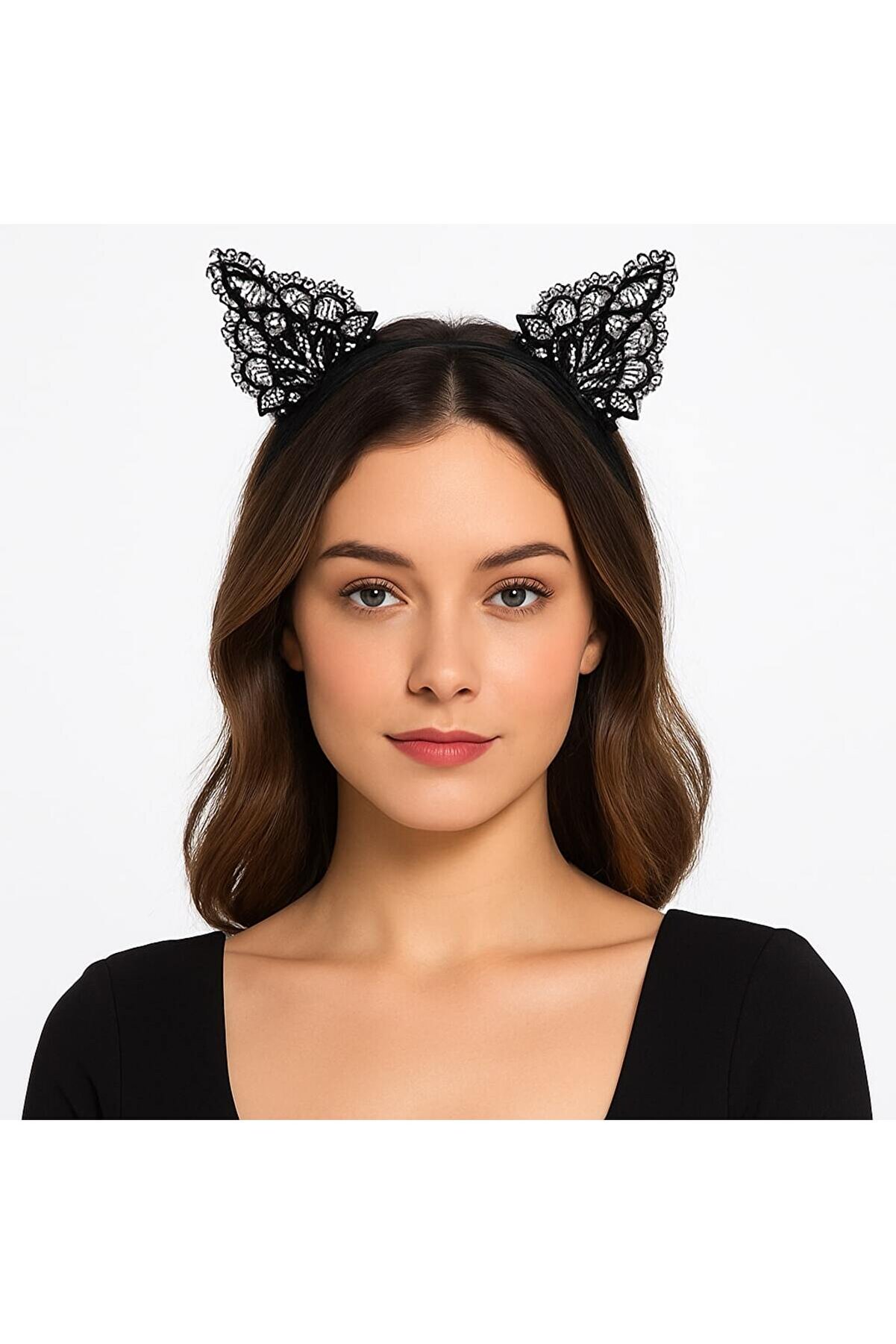 Ethab Ti̇caret Si̇yah Kedi̇ Dantel Ta&ccedil; + Eldi̇ven Seti̇ &ndash; Parti̇, Dans Ve Kost&uuml;m Kombi̇ni̇