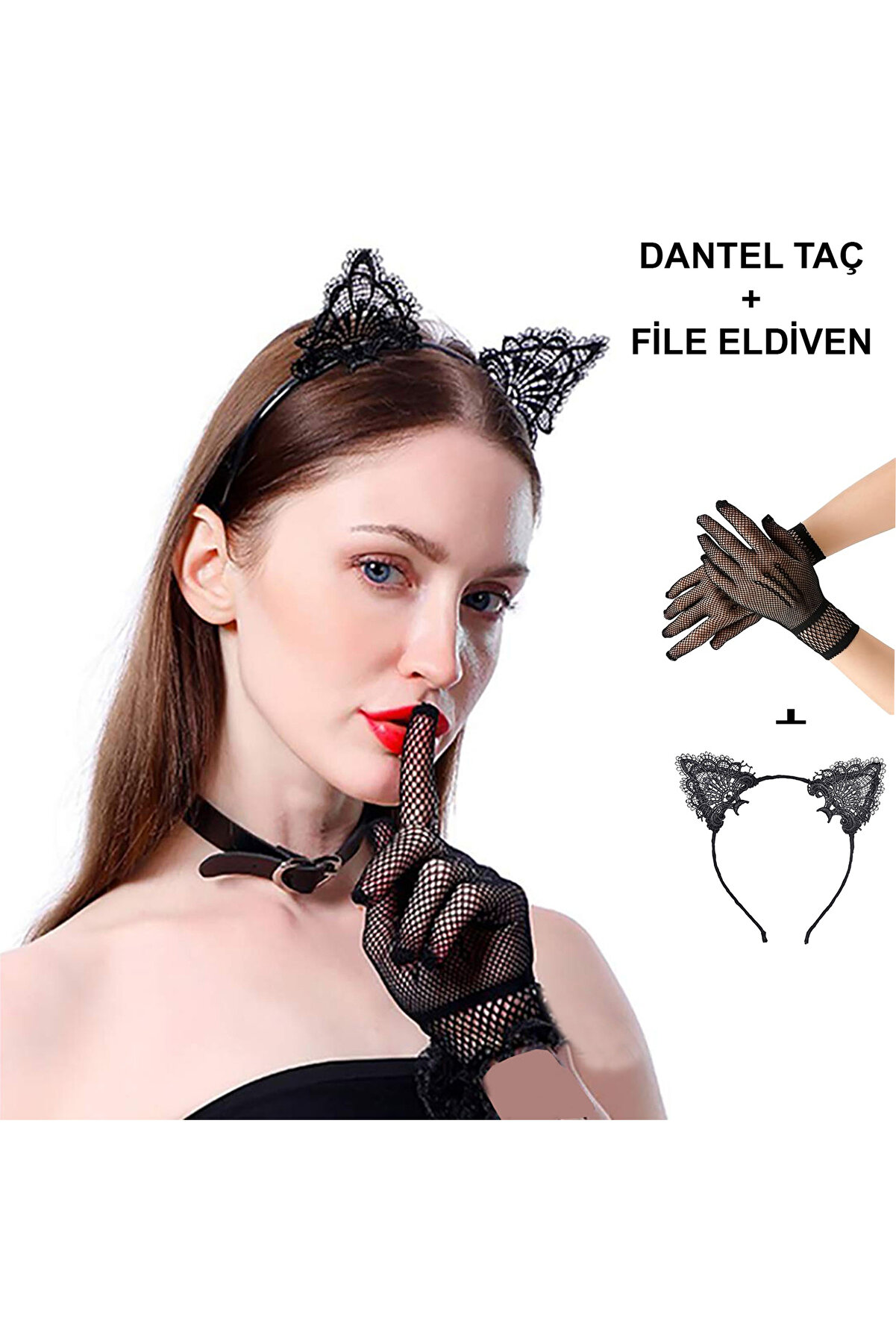 Ethab Ti̇caret Si̇yah Kedi̇ Dantel Ta&ccedil; + Eldi̇ven Seti̇ &ndash; Parti̇, Dans Ve Kost&uuml;m Kombi̇ni̇