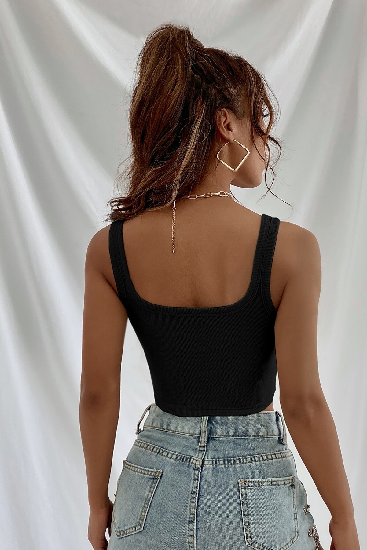 R Rockblack Kadın Si̇yah Kalın Askılı Crop Top B&uuml;sti̇yer