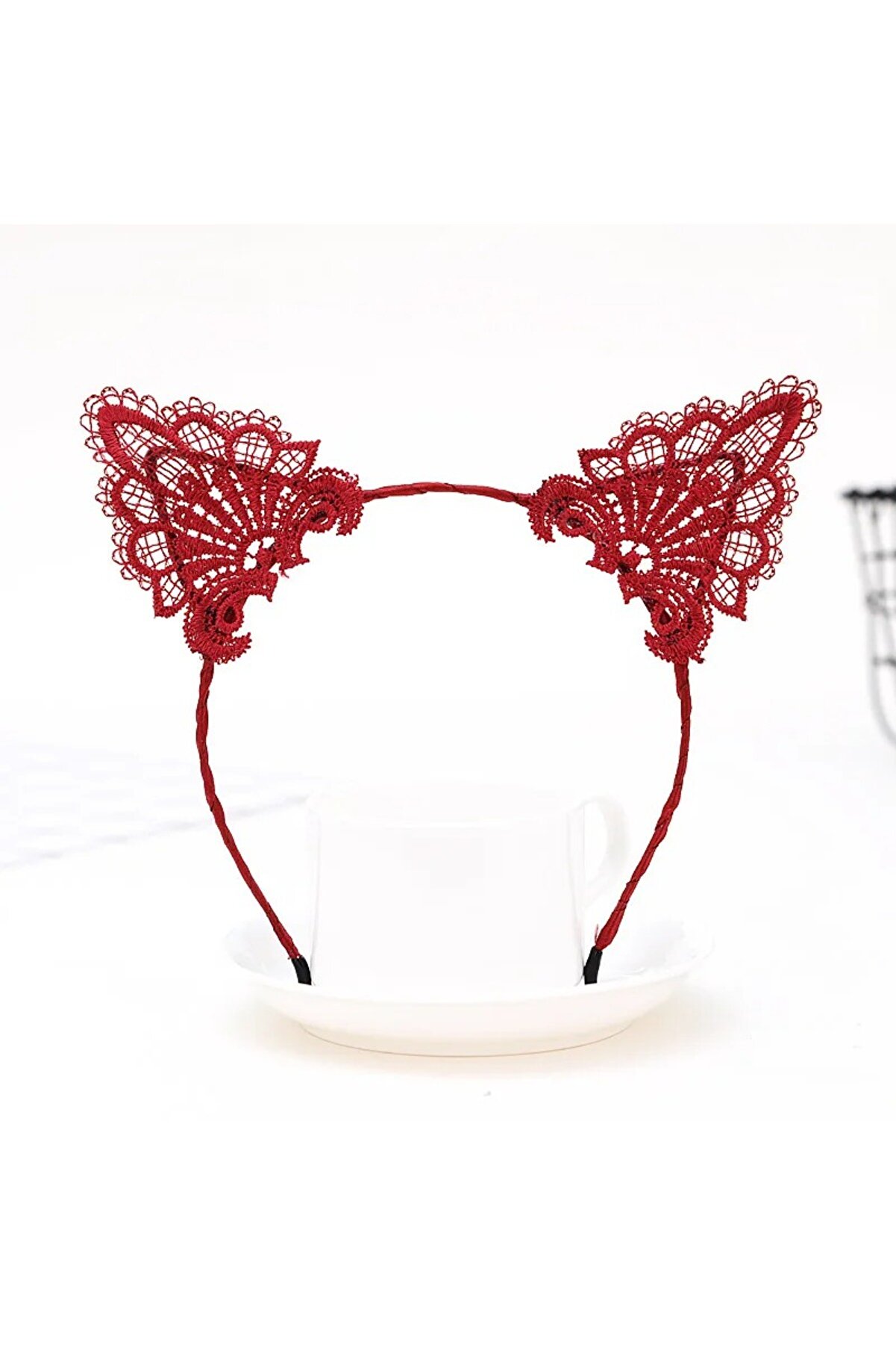 Ethab Ti̇caret Dantelli̇ Kırmızı Kedi̇ Tacı - Vi̇ntage Tarz Dantel Kedi̇ Kulak