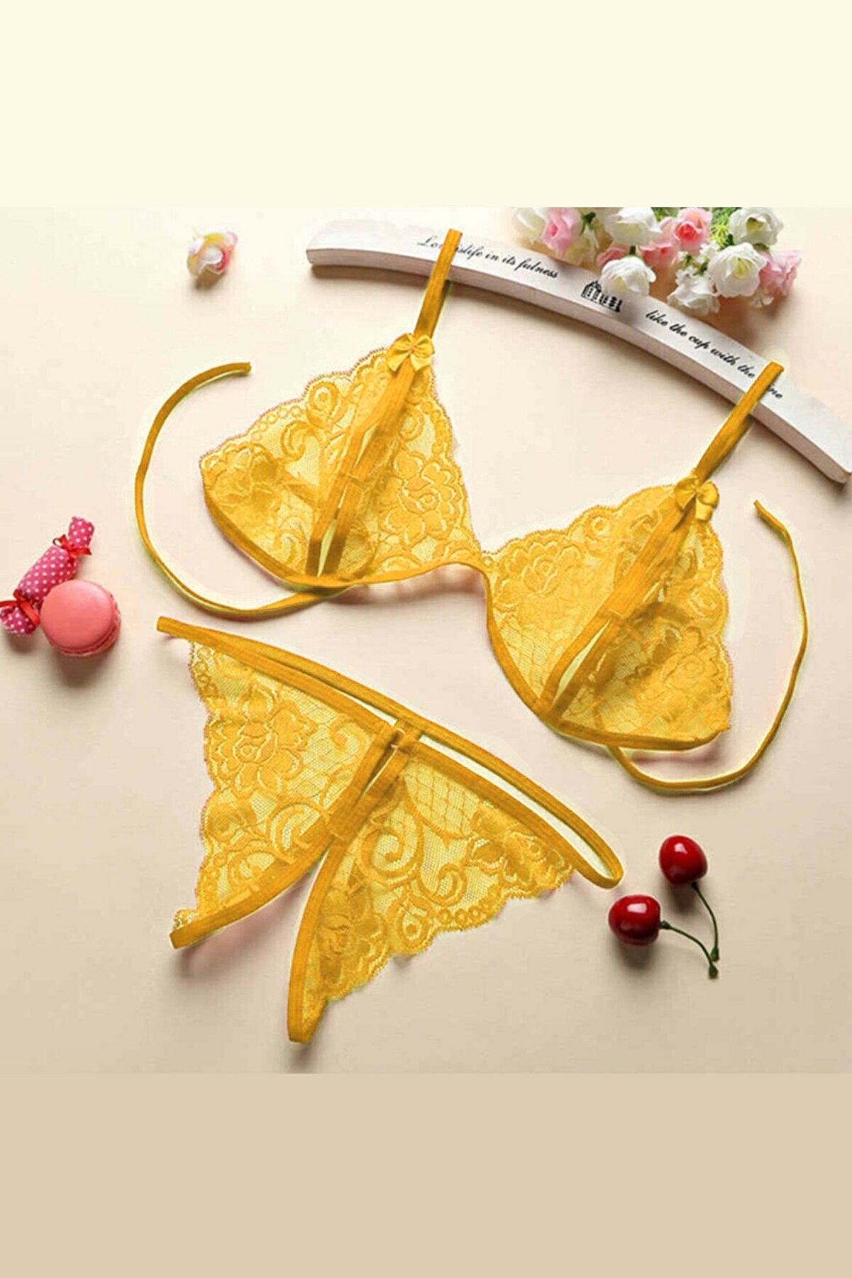 Hasby Kadın Sarı Dantelli̇ S&uuml;tyen K&uuml;lot Takımı