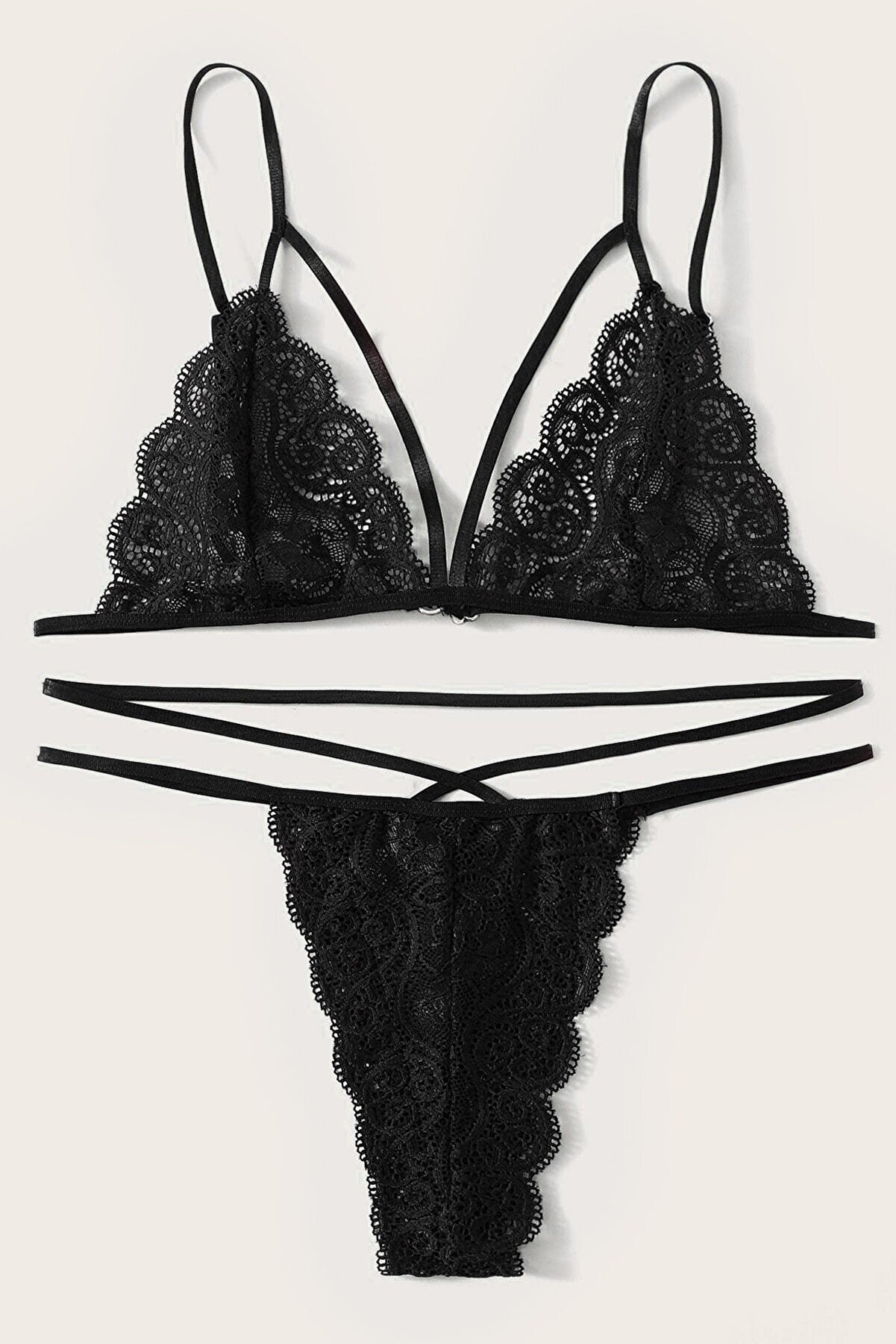  Kadın Si̇yah Dantel S&uuml;tyen K&uuml;lot Takımı