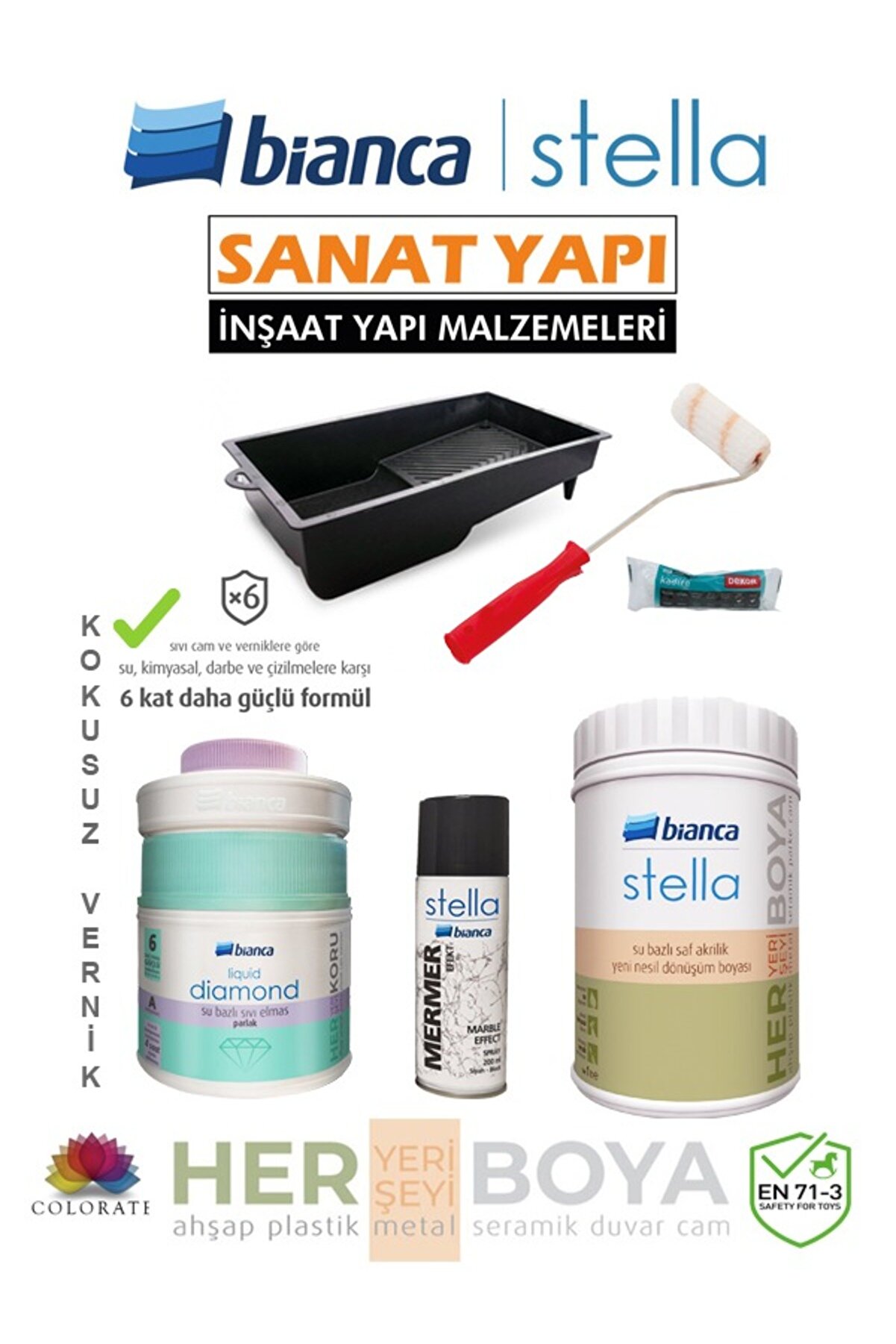 Bianca Stella Set 1 Lt - Beyaz Boya + Bianca Siyah Mermer Effekt Sprey + Bianca Diamond Sıvı Elmas Parlak