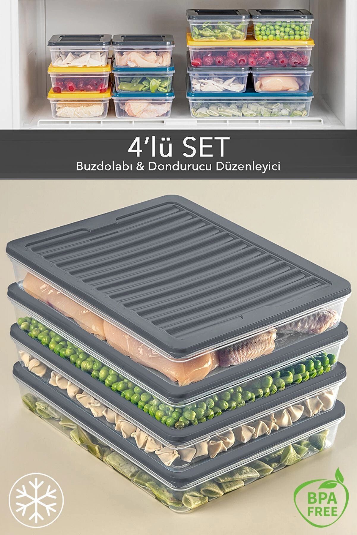 gizmurstore 4'lü Buzdolabı Organizer Mikrodalga Ve Difrize Uygun Saklama Kabı Antrasit 4 X 2400 ml