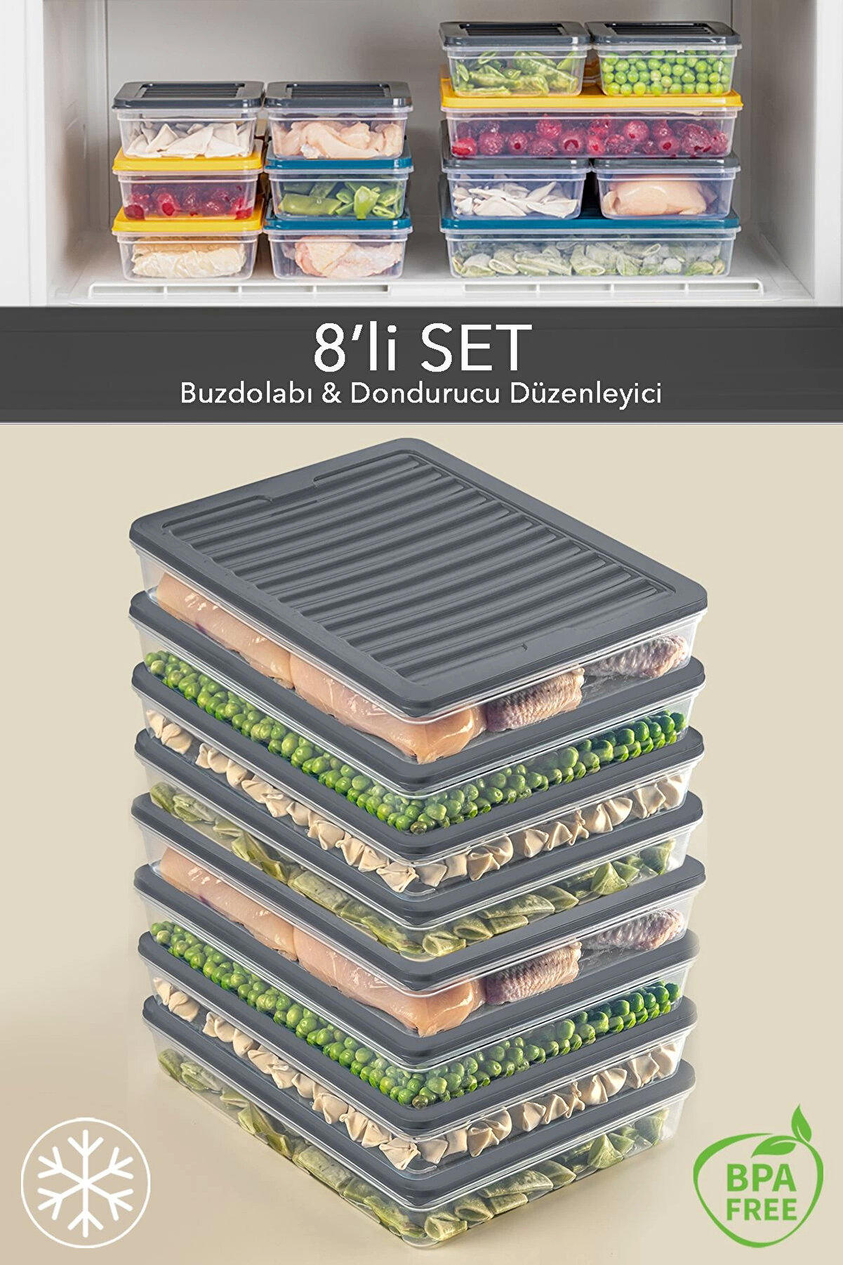 gizmurstore 8'li Saklama Kabı , Mikrodalga Uyumlu Erzak Saklama Kabı Antrasit 8 X 2400 ml