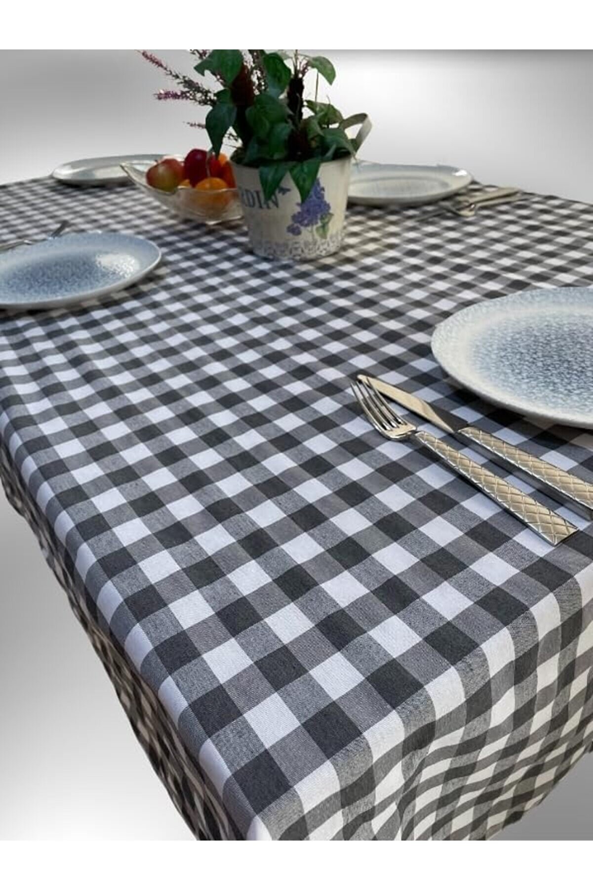 STOREMAX 160x170 Cm Gri Büyük Kare Desen Masa Örtüsü, Sofra Bezi, Piknik Örtüsü