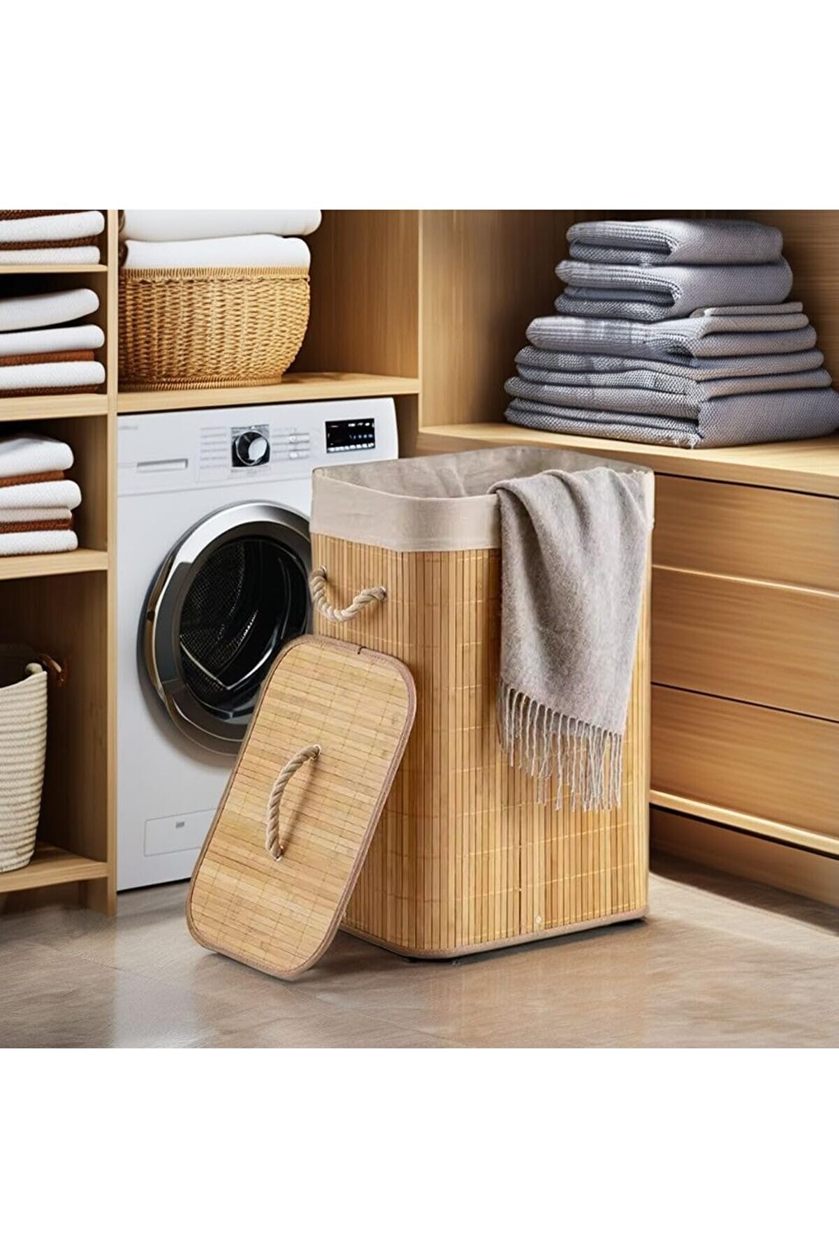 STOREMAX lvnshop El Yapımı Hasır Katlanır Çamaşır Sepeti Dikdörtgen 72 Litre (40cm*30cm*61cm), Malzemeden Üre