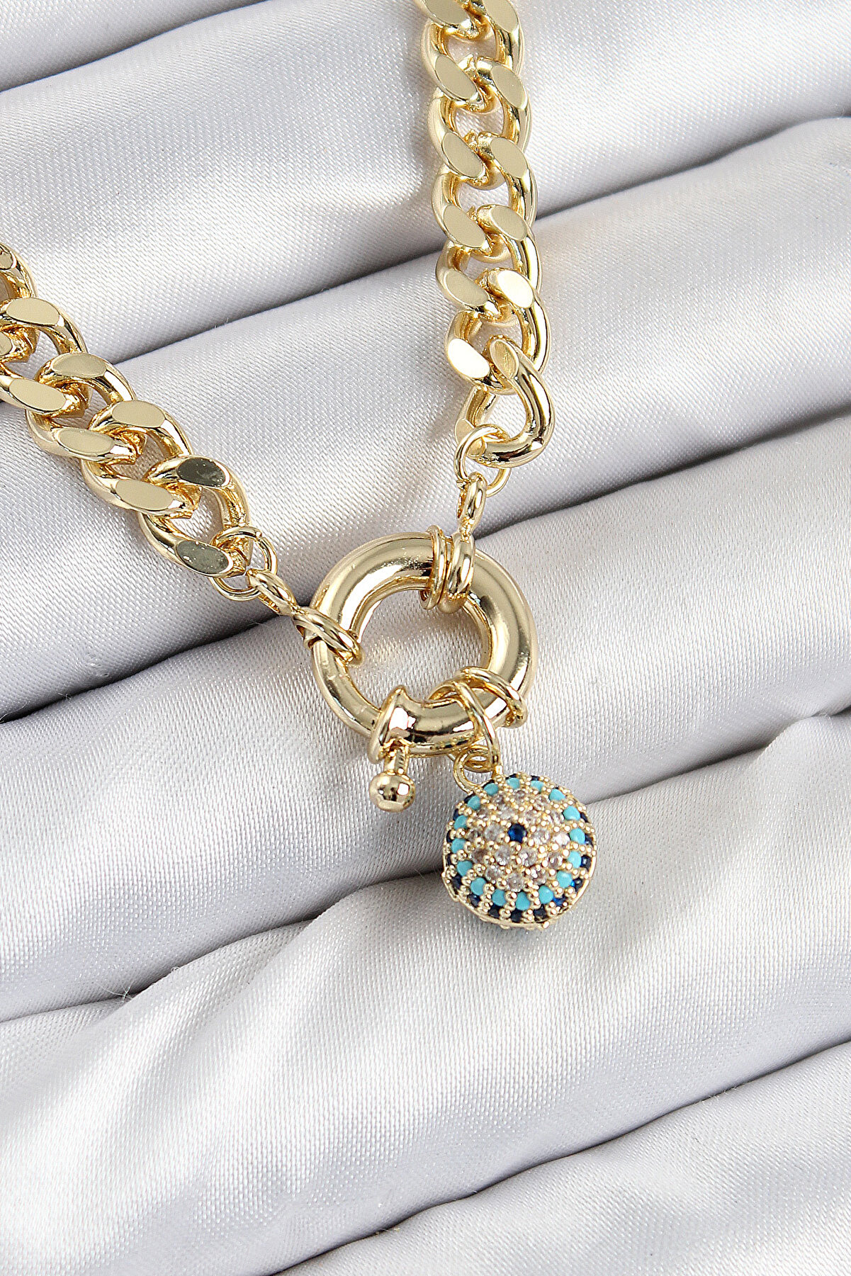 Toptan Bulurum Pirinç Zirkon Taşlı Nazar Boncuk Detaylı Klasik Zincir Model Gold Renk Kadın Ke