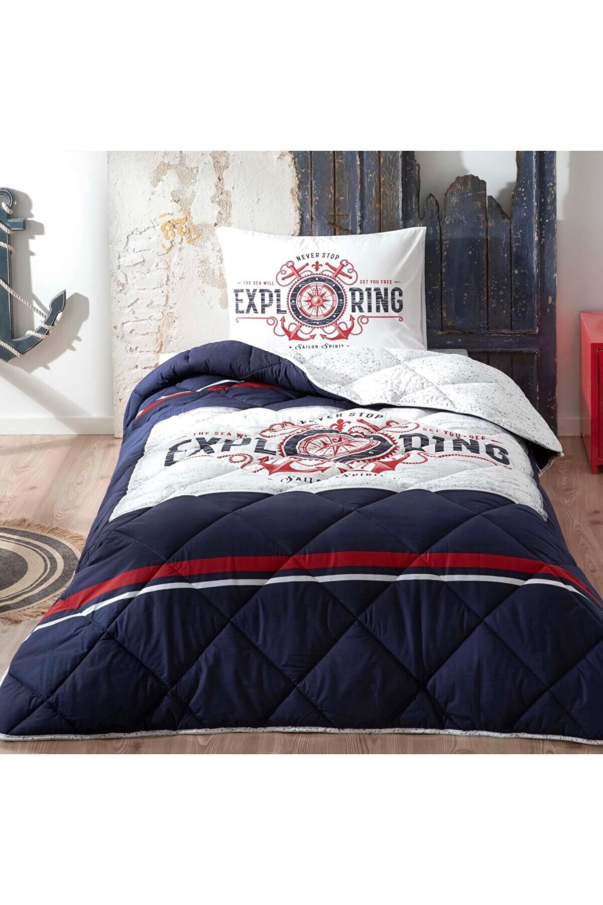STOREMAX aclyashop Ruben Desenli%100 Pamuk Yorgan Seti, Lacivert, Tek Kişilik (Yorgan: 155x215 cm/Çarşaf: 180