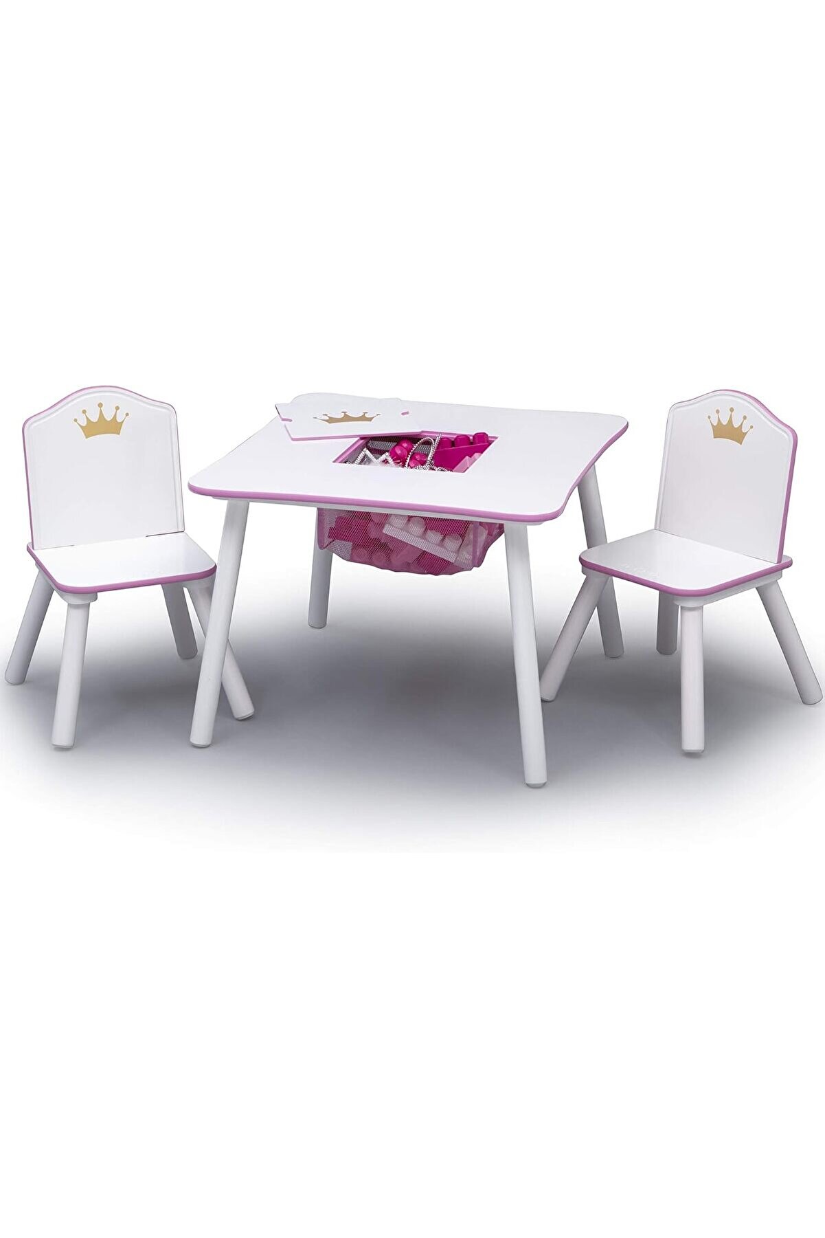 Aclyashop Chi̇ldren Prenses Taç Çocuk Ahşap Masa Ve Saklamalı Takımı - Serti̇fi̇kalı, Beyaz/Pembe 1058