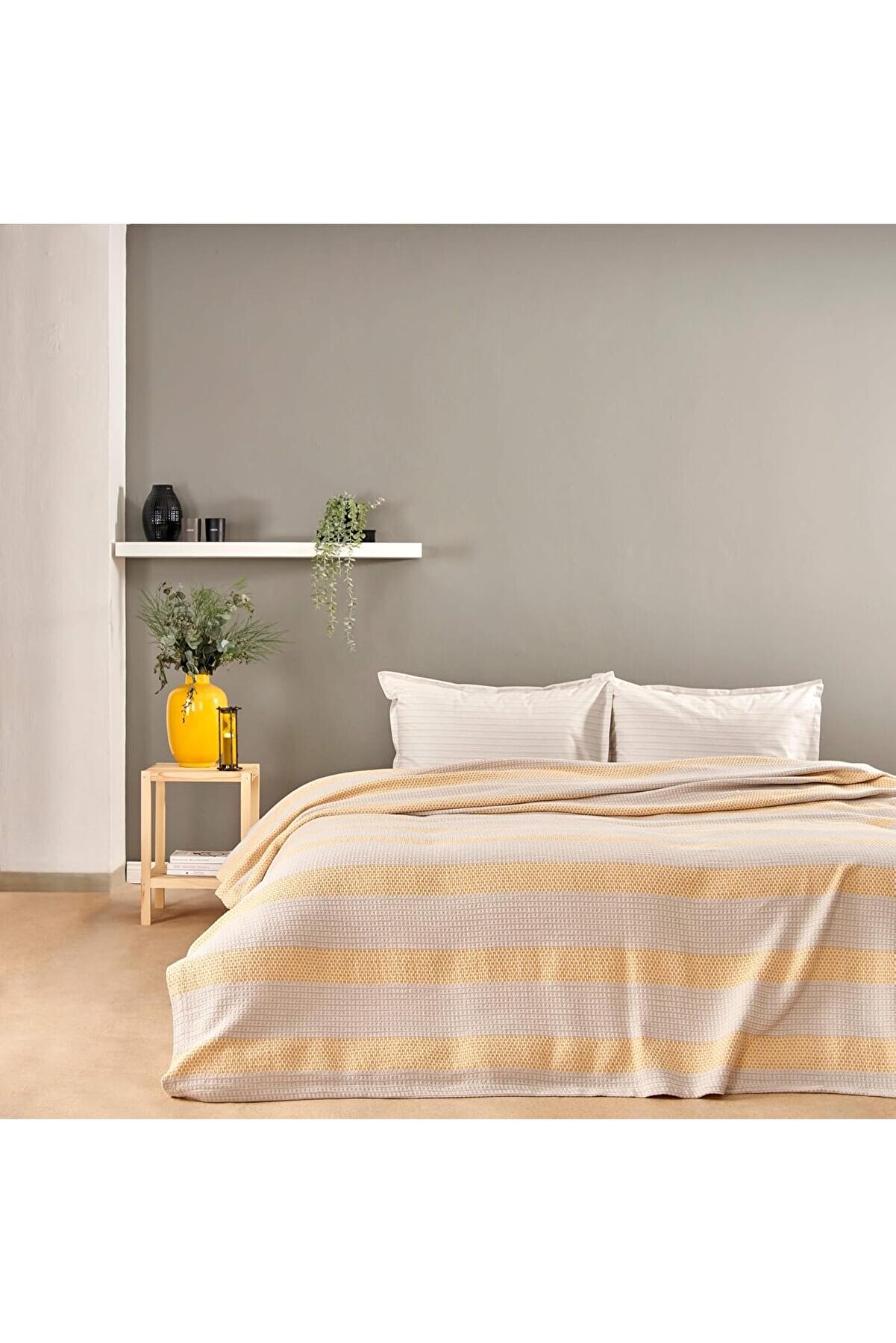 STOREMAX snShop Motto Çizgili%100 Pamuk Pike Takımı, Sarı, Tek Kişilik 467437