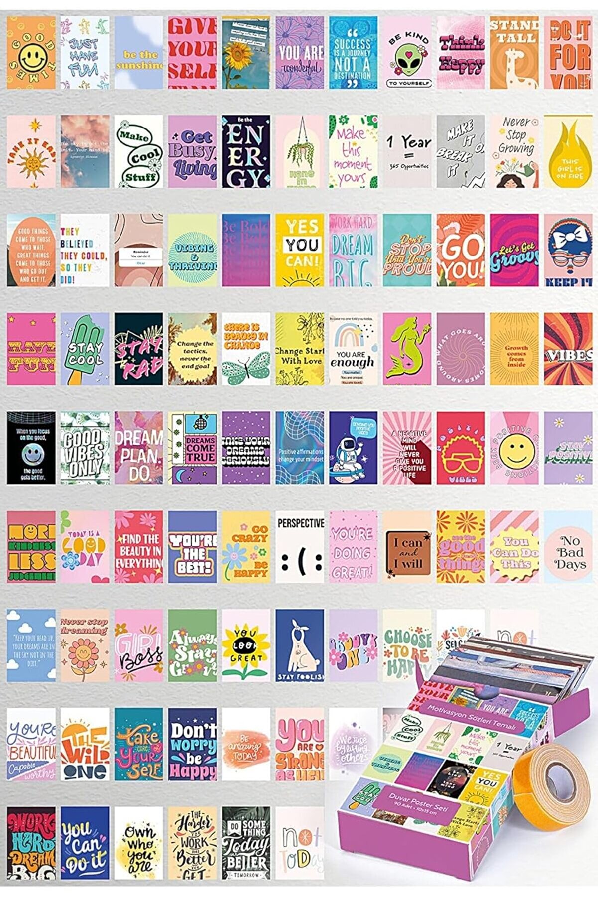 STOREMAX oskyshopc Motivasyon Sözleri Temalı 90 Adet Duvar Poster Seti, Özel Tasarım Kutulu, Oda Dekoru (GGK-