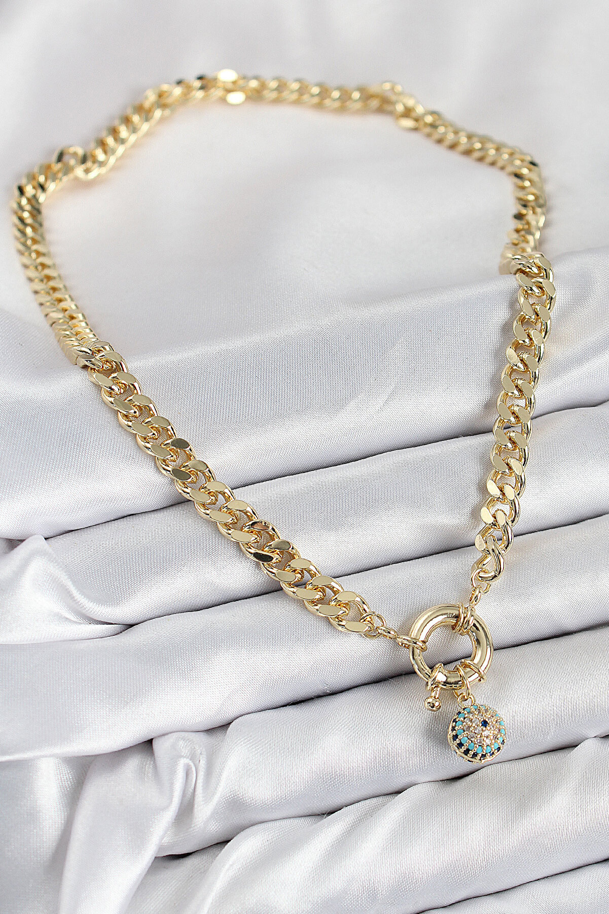 Pi̇ri̇nç Zi̇rkon Taşlı Nazar Boncuk Detaylı Klasi̇k Zi̇nci̇r Model Gold Renk Kadın Ke