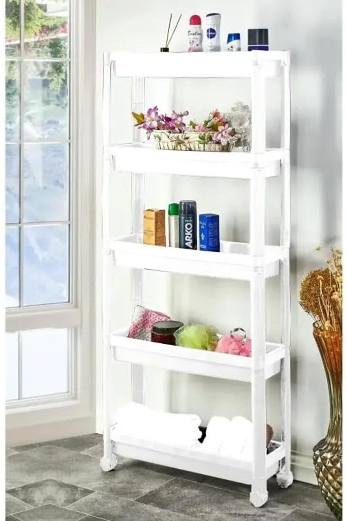 STOREMAX Plastik 5 Katlı Tekerlekli Organizer Diktördgen Raf Ünitesi Beyaz newdesing 842385