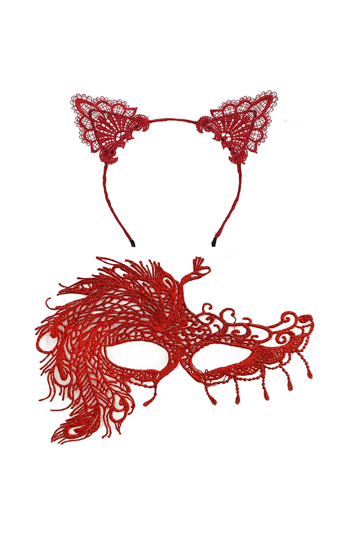 Go İthalat Alevi̇n Zarafeti̇ Kırmızı Dantel Maske Ve Ta&ccedil; Seti̇ 4 No - Kadın Kost&uuml;m Tamamlayıcı (5258)